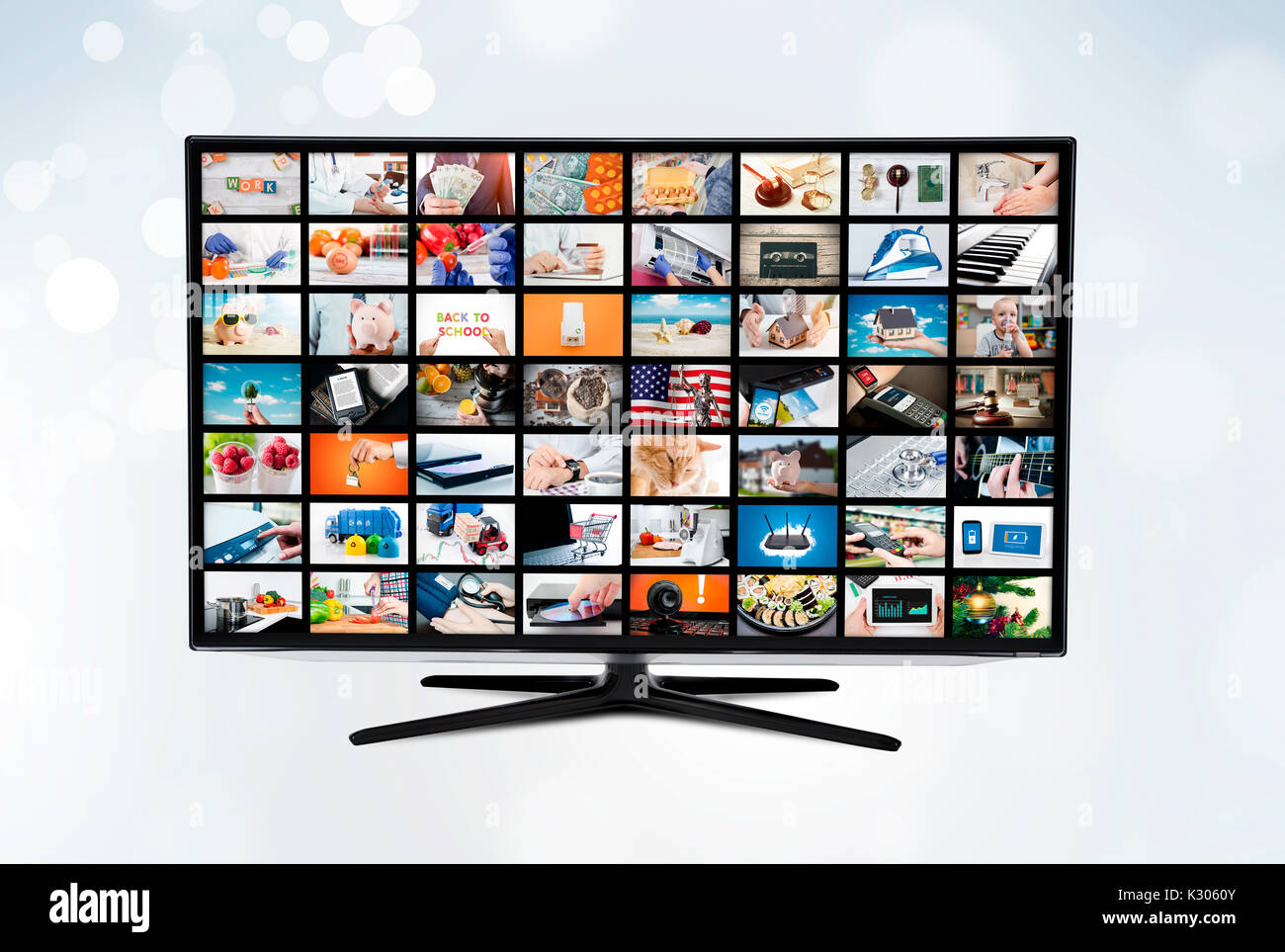 Widescreen ultra high definition TV screen with video broadcast. television tv stream video broadcast advertising watching multimedia concept Stock Photo