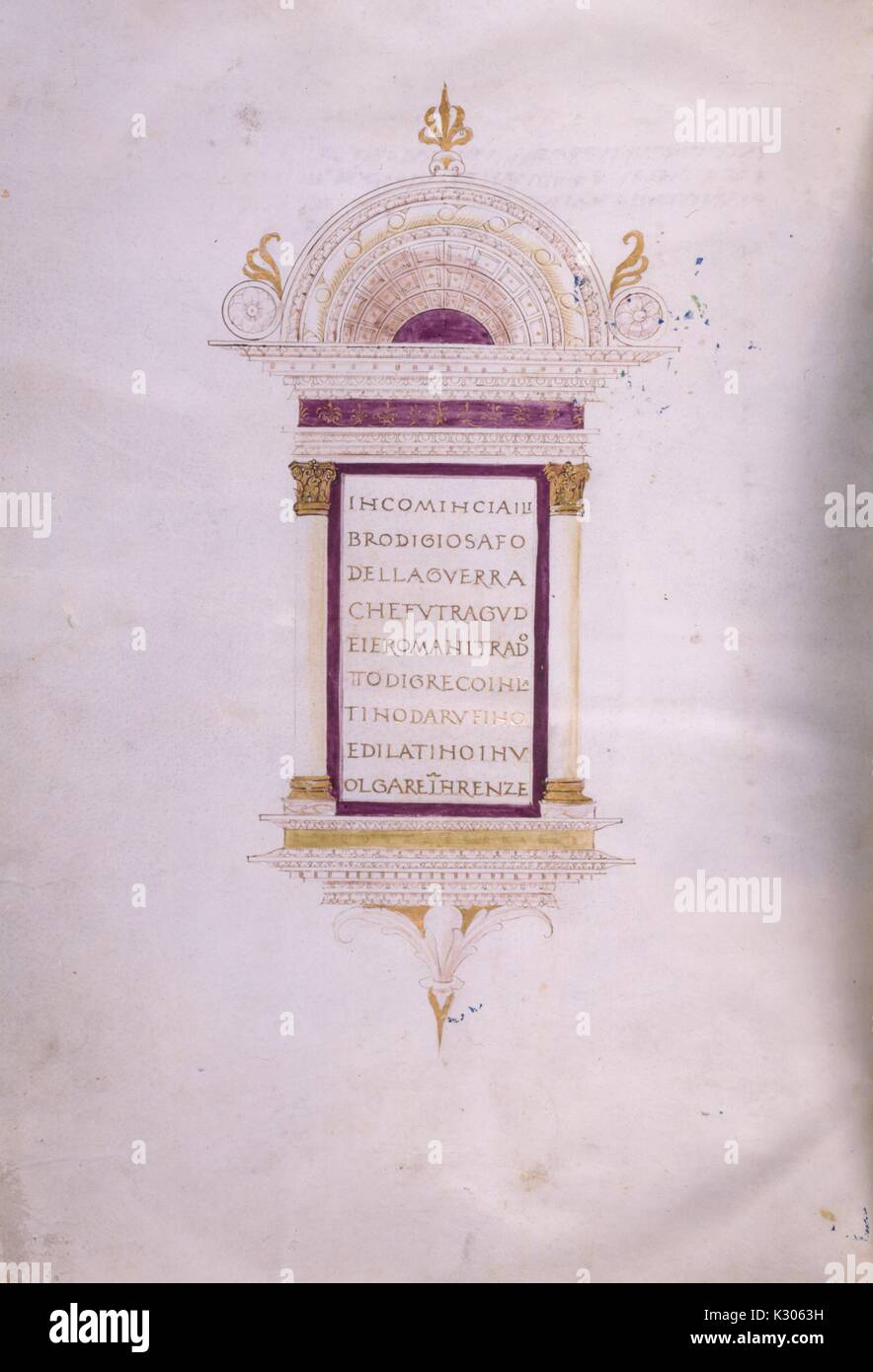 Illuminated manuscript page from 'Incomincia il proemio di giosafo della guerra chefu tragudei e romani' printed in Italian from 15th century, 1400. Stock Photo