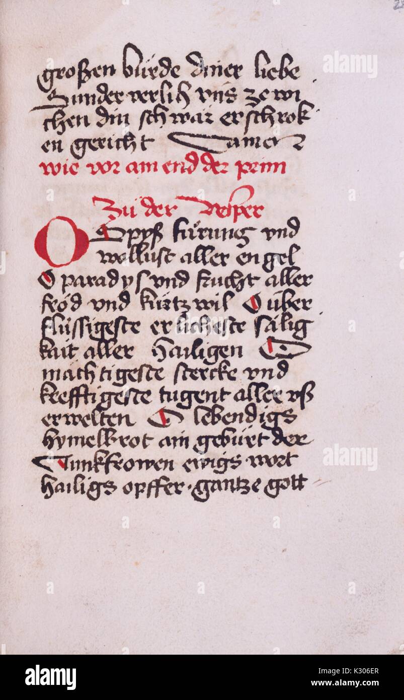 Illuminated manuscript page from 'Tagzeiten zu Ehren unseres Herrn Jesu Christi, ' a Middle High German manuscript Invitatorium written in Gothic cursive, 1050. Stock Photo
