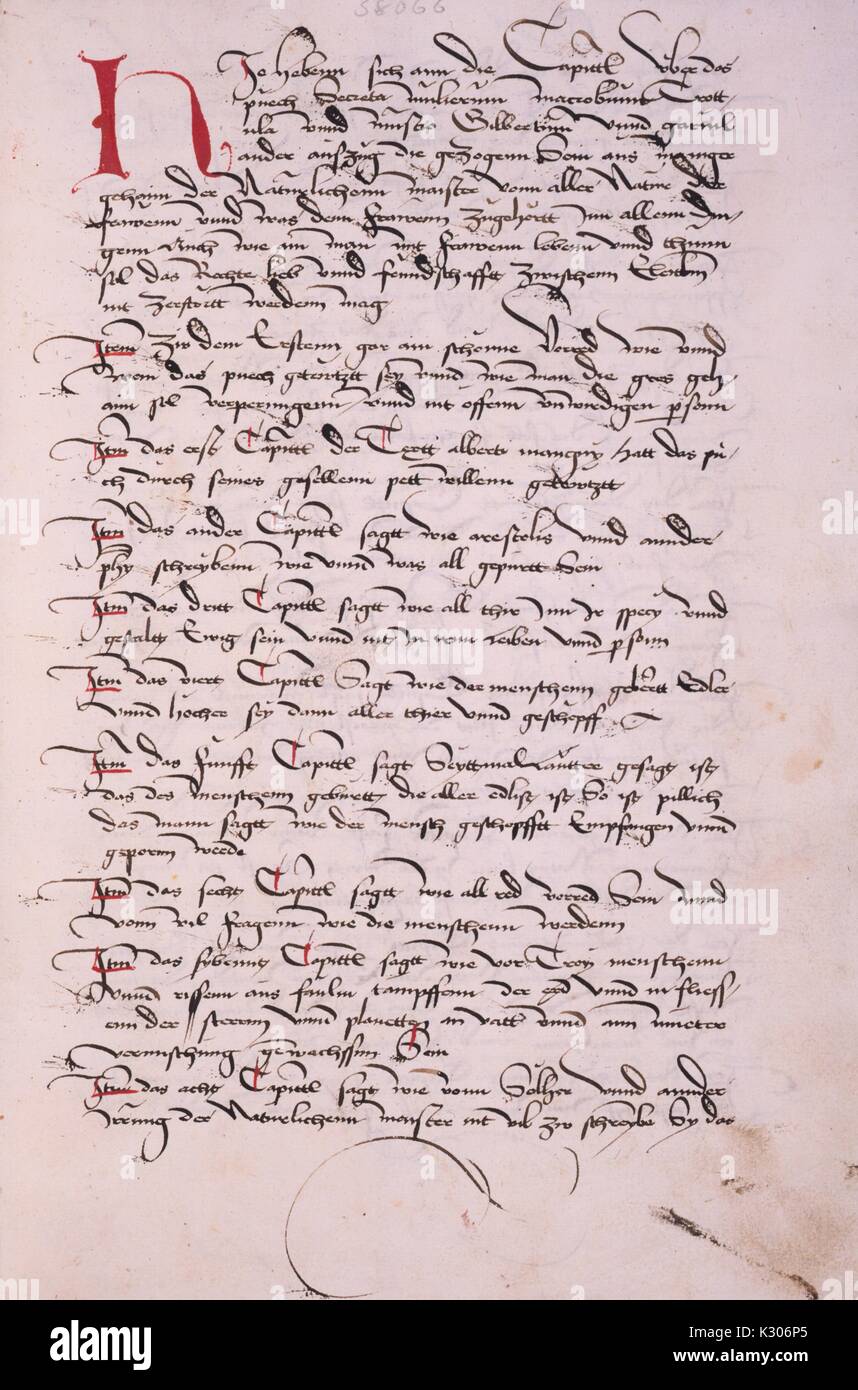 Illuminated manuscript pages from 'Die heimlichkeiten der weiber' printed in German in 1400, 1400. Stock Photo