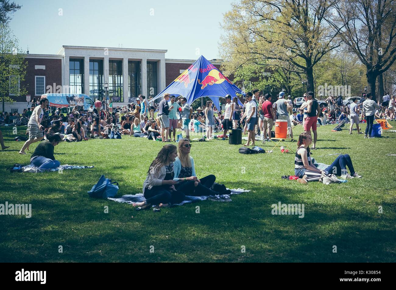 Dozens of students huddle and sunbathe on the grassy Beach, with drinks all around and a large Red Bull tent in the center, during Spring Fair, a student-run spring carnival at Johns Hopkins University, Baltimore, Maryland, April, 2016. Courtesy Eric Chen. Stock Photo