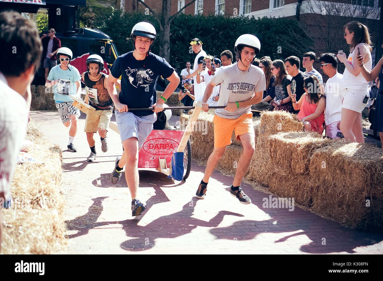 Two male students wearing white helmets pull their teammate in a wooden cart while two students chase from behind, onlookers cheering from either side of walls of hay, during a carnival game at Spring Fair, a student-run spring carnival at Johns Hopkins University, Baltimore, Maryland, April, 2016. Courtesy Eric Chen. Stock Photo