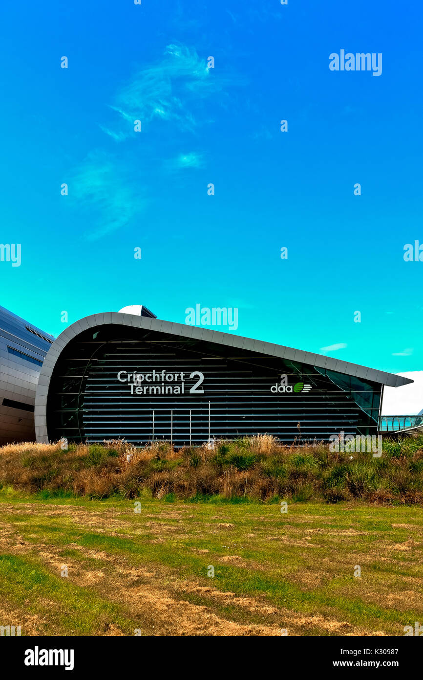 New Terminal 2, T2 Criochfort Dublin International Airport DUB, designed by architects Pascall & Watson. Blue blu sky, copy space. Ireland, Europe, EU. Stock Photo