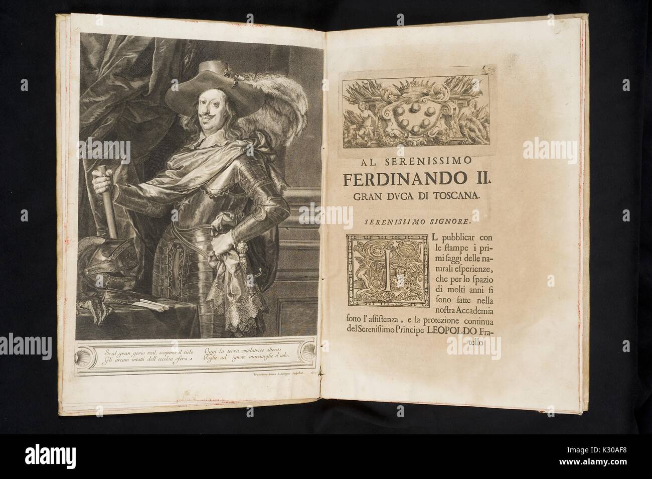 Illustration of Ferdinando II, the Grand Duke of Tuscany and a patron of the Accademia del Cimento, in a first edition copy of Saggi di Naturali Esperienze published by the Accademia del Cimento from the Dr. Elliott and Eileen Hinkes Collection of Rare Books of Scientific Discovery housed in the Sheridan Libraries of Johns Hopkins University, 2010. Stock Photo