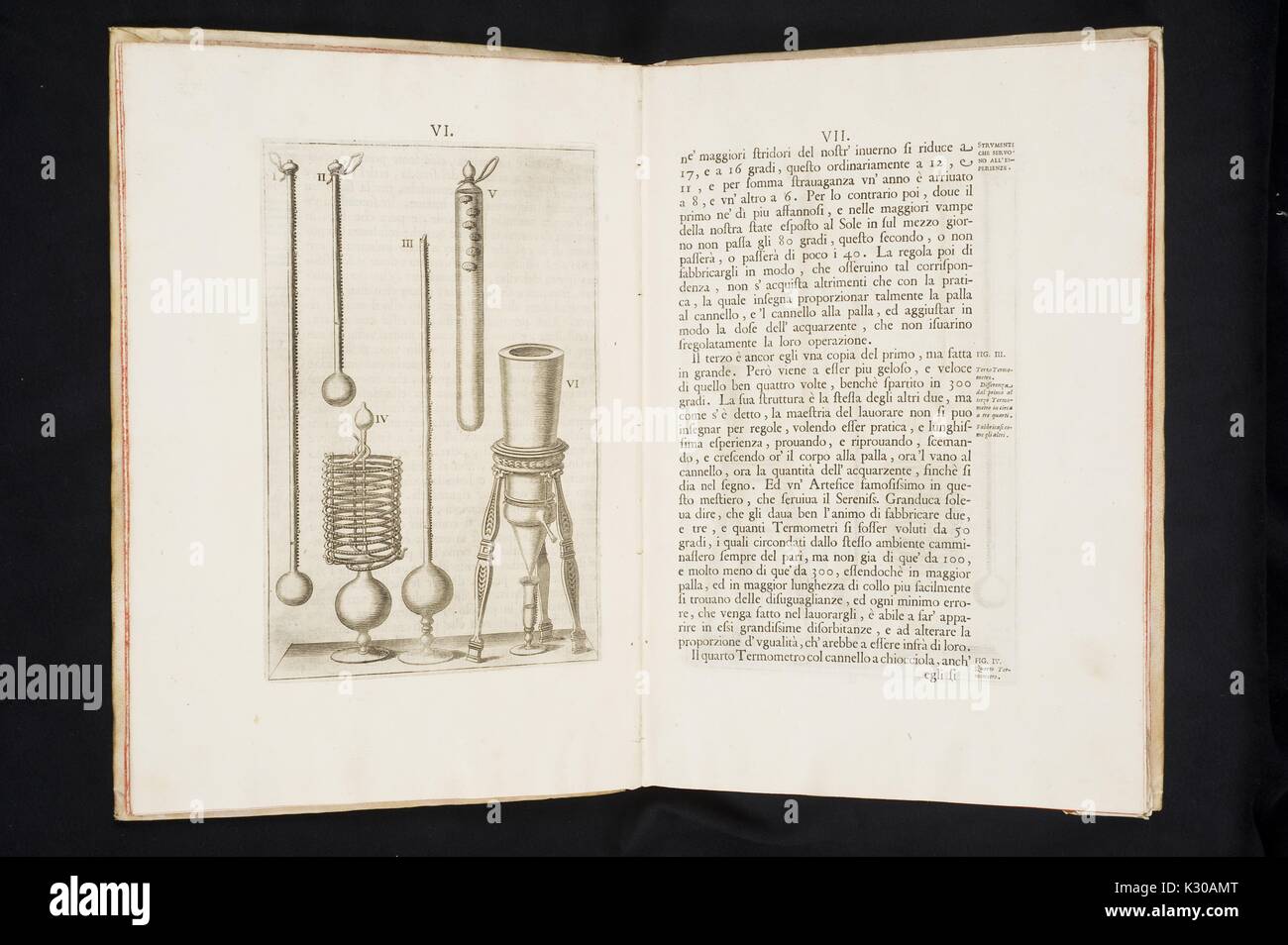 Illustration of instruments used in an important experiment on atmospheric pressure in a first edition copy of Saggi di Naturali Esperienze published by the Accademia del Cimento from the Dr. Elliott and Eileen Hinkes Collection of Rare Books of Scientific Discovery housed in the Sheridan Libraries of Johns Hopkins University, 2010. Stock Photo