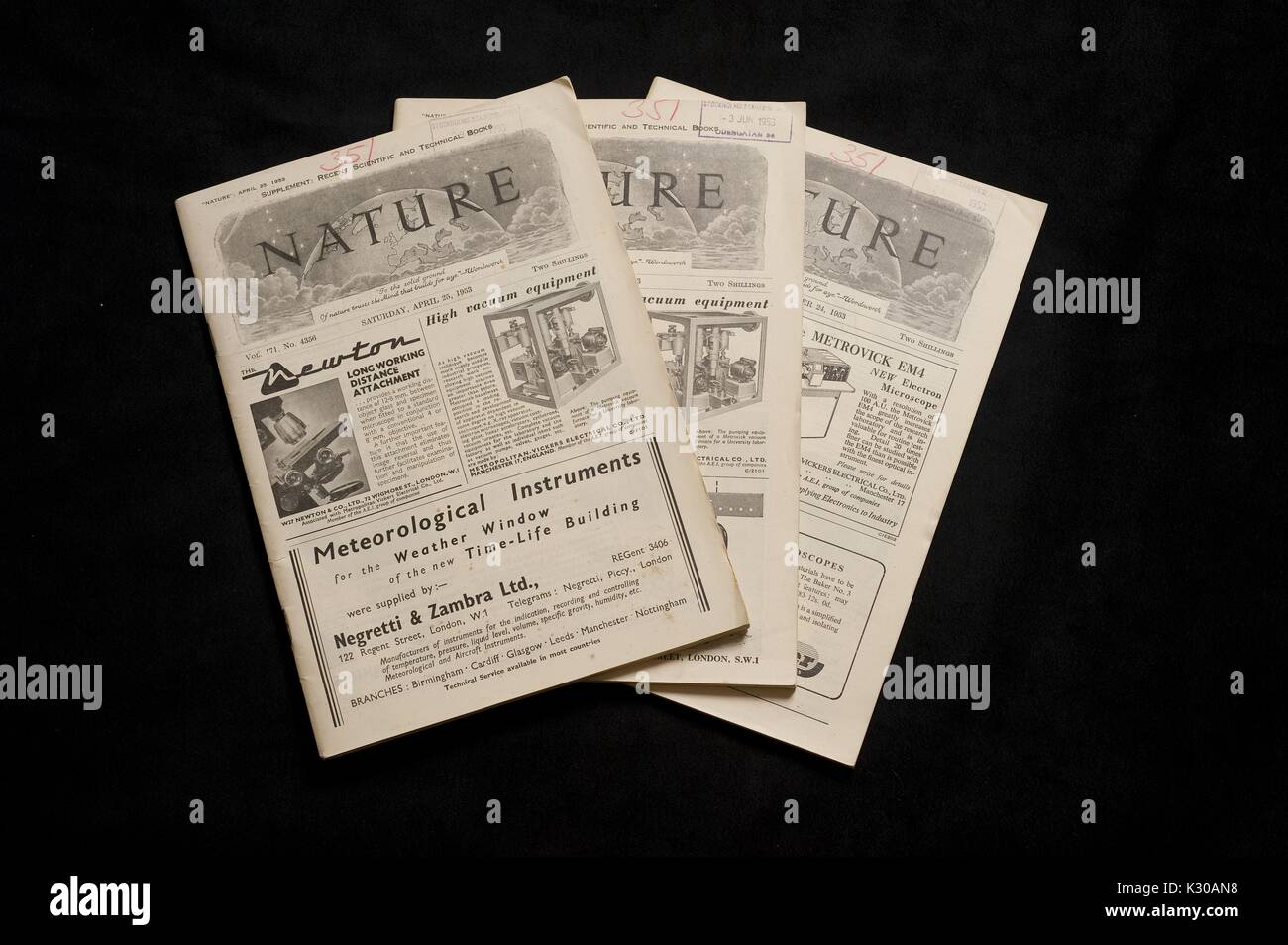 https www alamy com three issues of nature magazine containing the articles in which watson image156745716 html