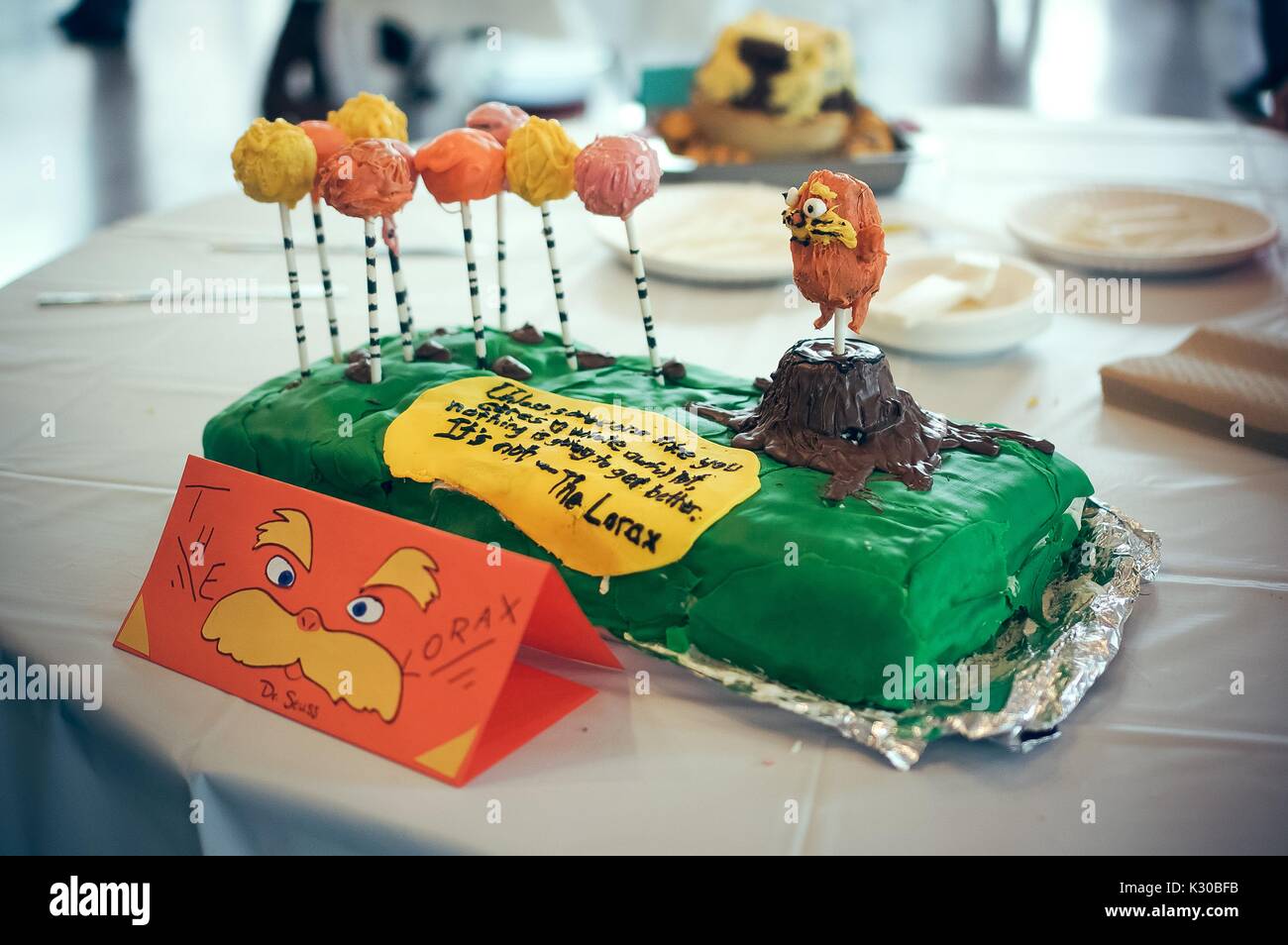 Lorax cake at the Johns Hopkins University's annual 'Read It And Eat It' Edible Book Festival on the Homewood campus in Baltimore, Maryland, March, 2016. Courtesy Eric Chen. Stock Photo