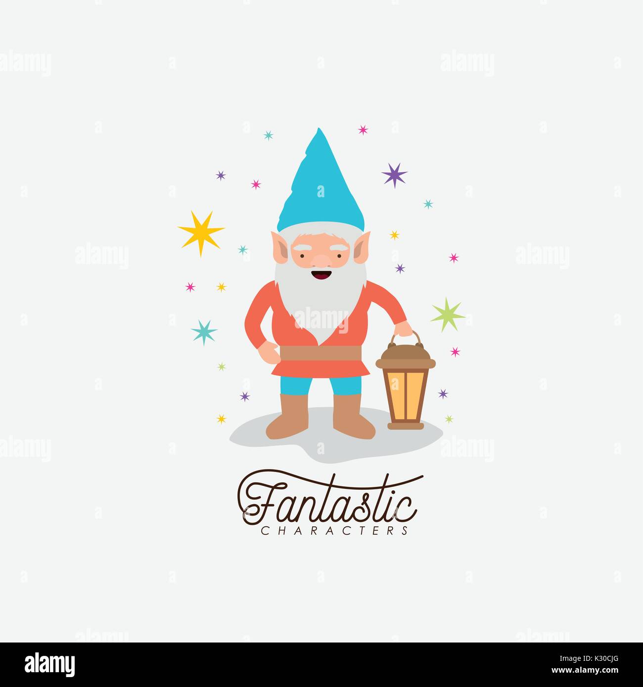 gnome fantastic character with hand lamp with costume and colorful sparks and stars on white background Stock Vector