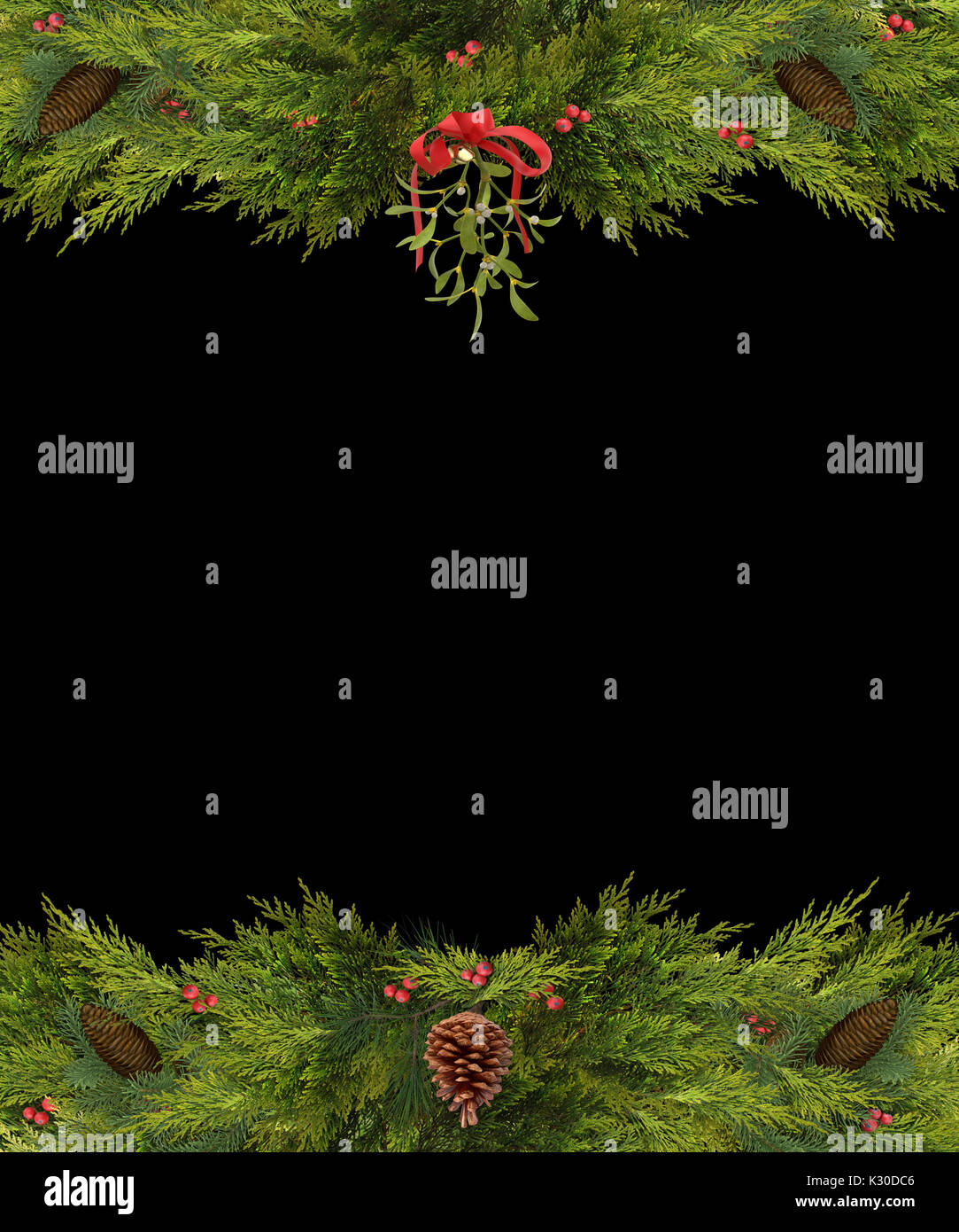 Christmas Frame of mistletoe, holly berries, pine cones, and evergreen ...