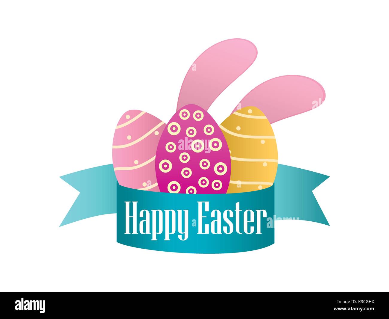 Happy easter. Ribbon, Easter eggs and rabbit ears on a white background. Vector illustration Stock Vector