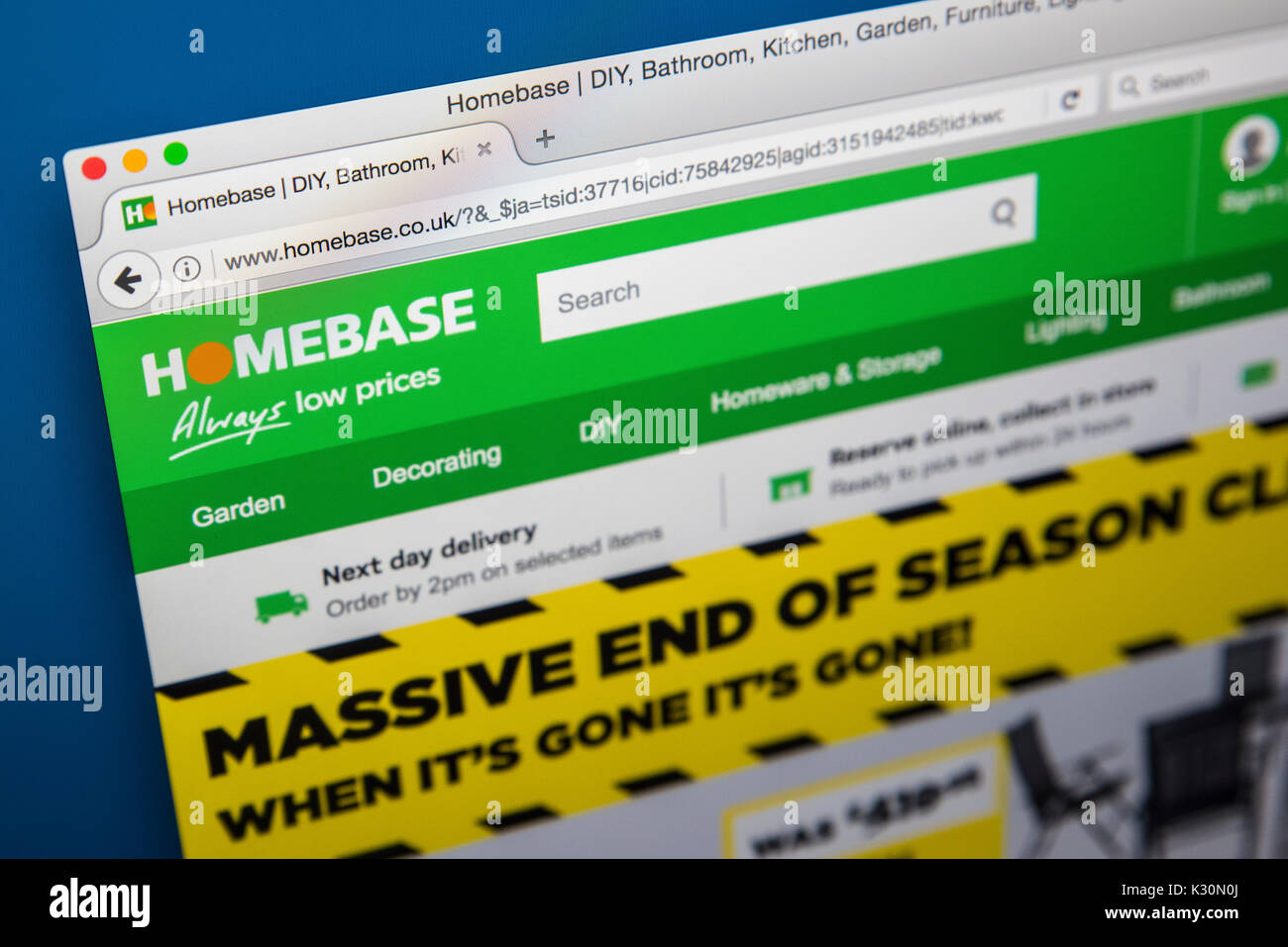 LONDON, UK - AUGUST 10TH 2017: The homepage of the official website for Homebase, the British home-improvement retailer, on 10th August 2017. Stock Photo