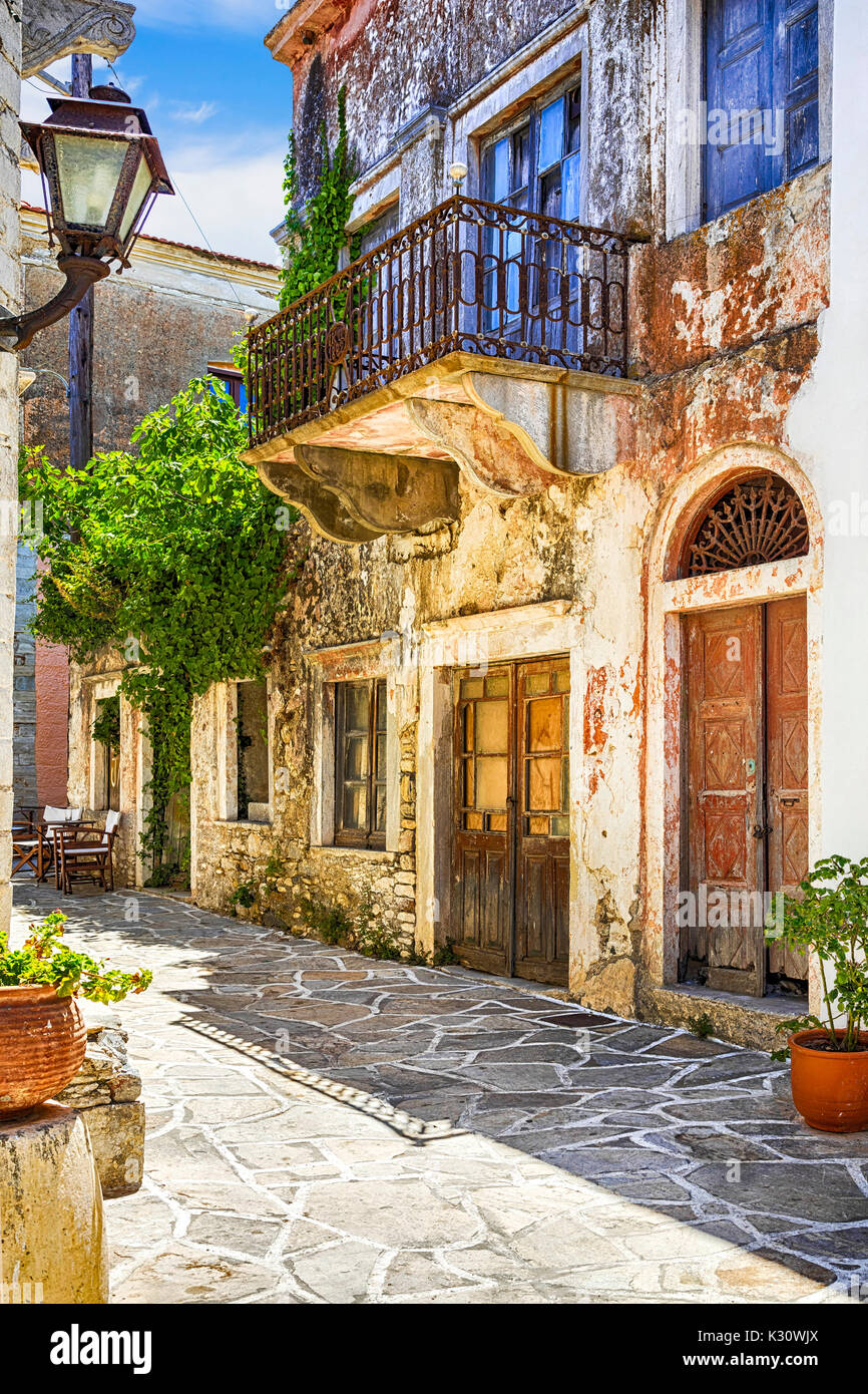 charming old streets of traditional greek villages - Chalki in Naxos island, Cyclades Stock Photo