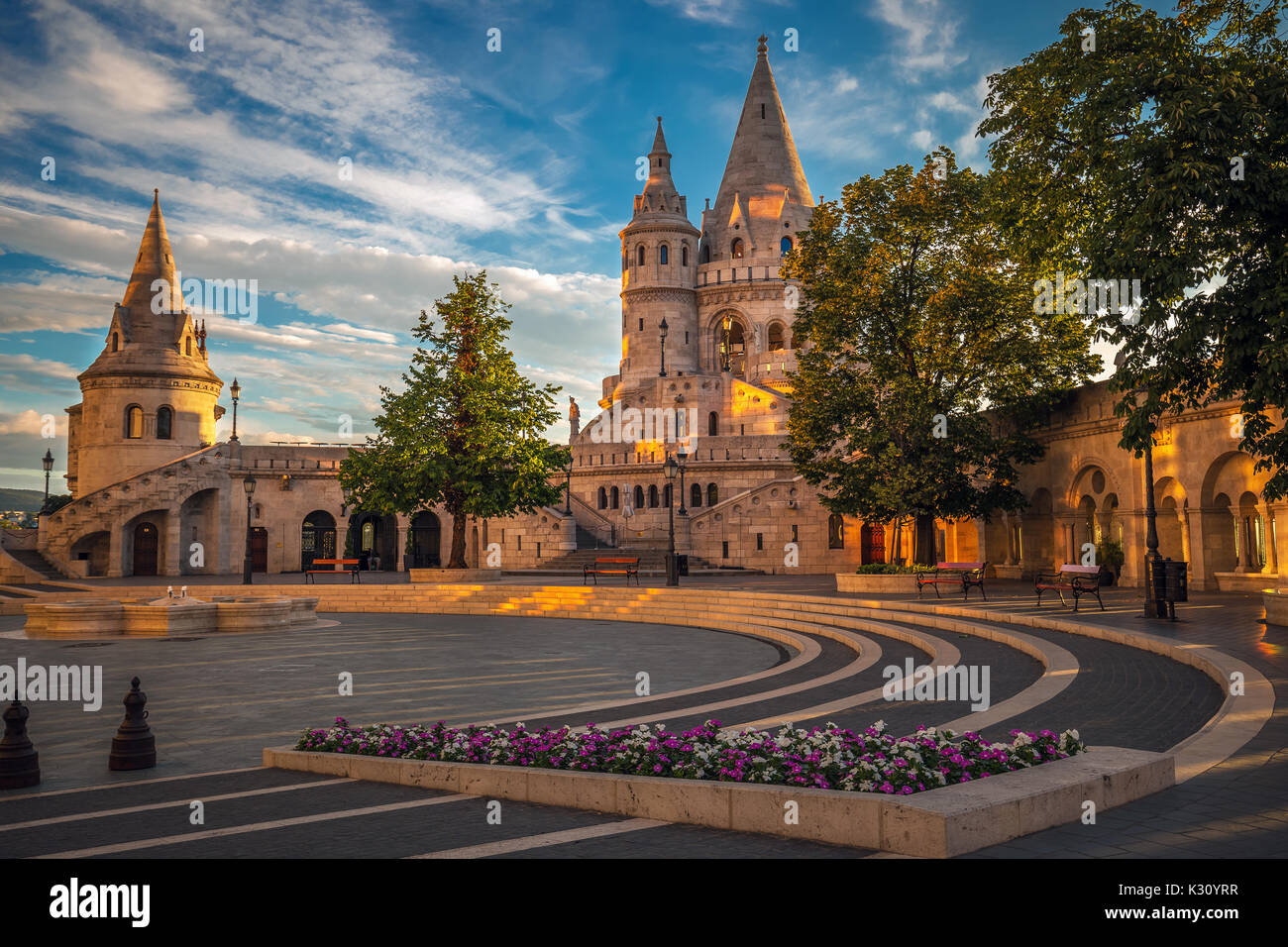 Budapest, Hungary - Morning view of the Fisherman Bastion on top of Buda Hill with beautiful lights and sky at sunrise Stock Photo