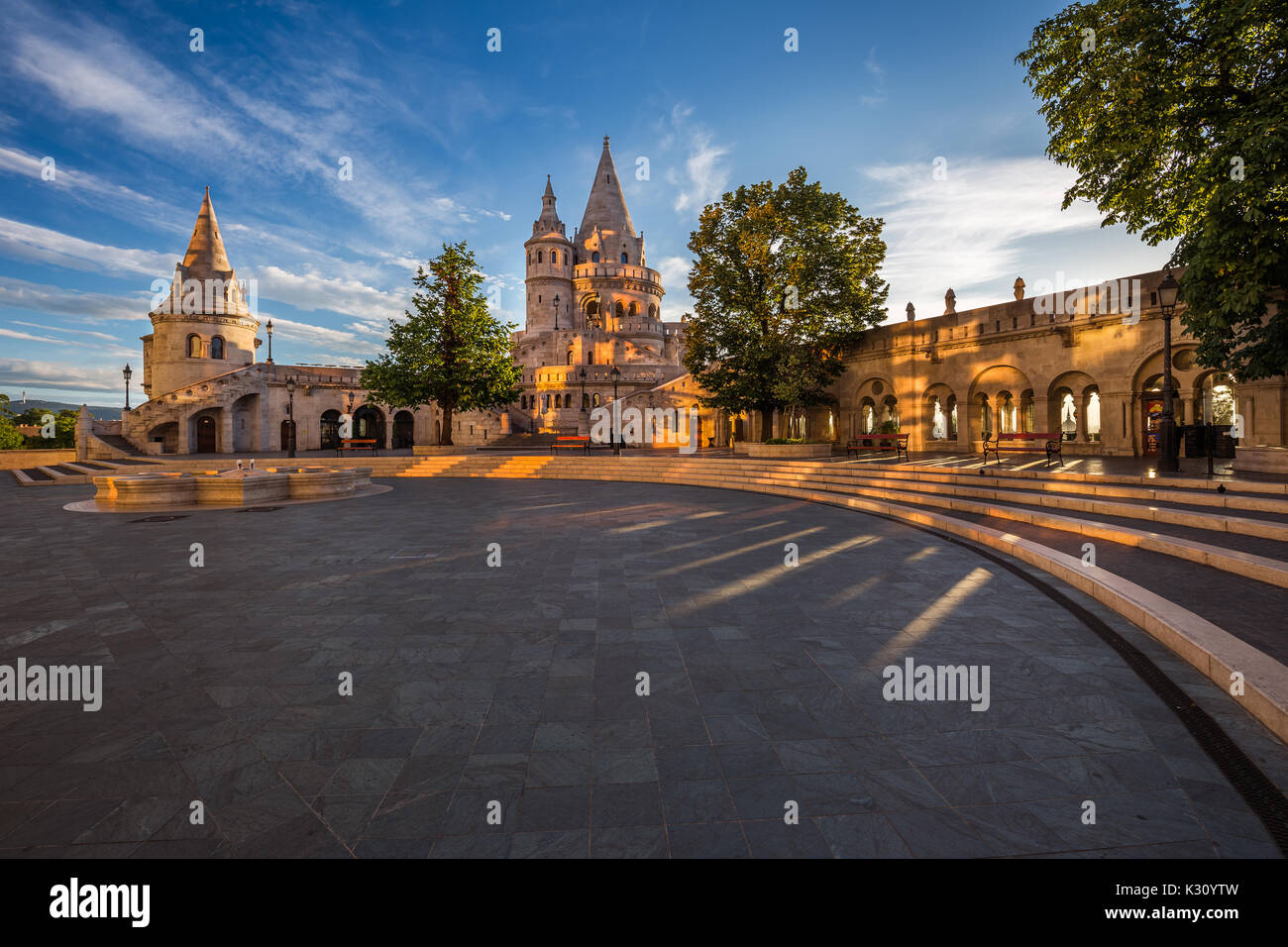 Budapest, Hungary - Morning view of the Fisherman Bastion on top of Buda Hill with beautiful lights and sky at sunrise Stock Photo