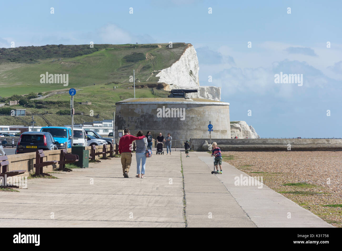 Seaford Head and Martello Tower Museum from Seaford Beach, Seaford, East Sussex, England, United Kingdom Stock Photo