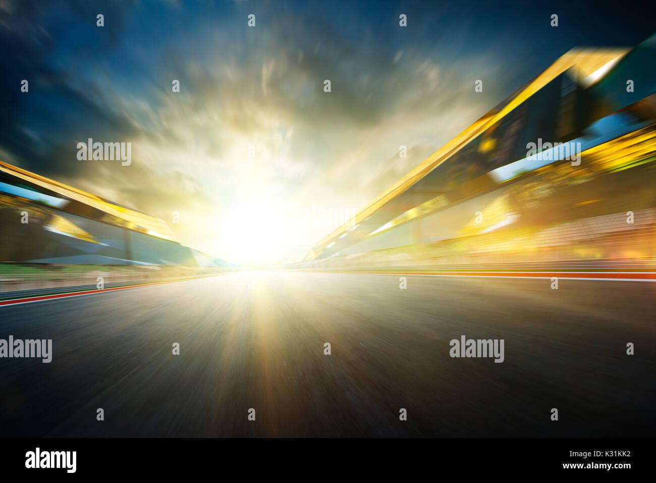 View of the infinity empty asphalt international race track, digital imaging recomposition montage background . evening scene . Stock Photo