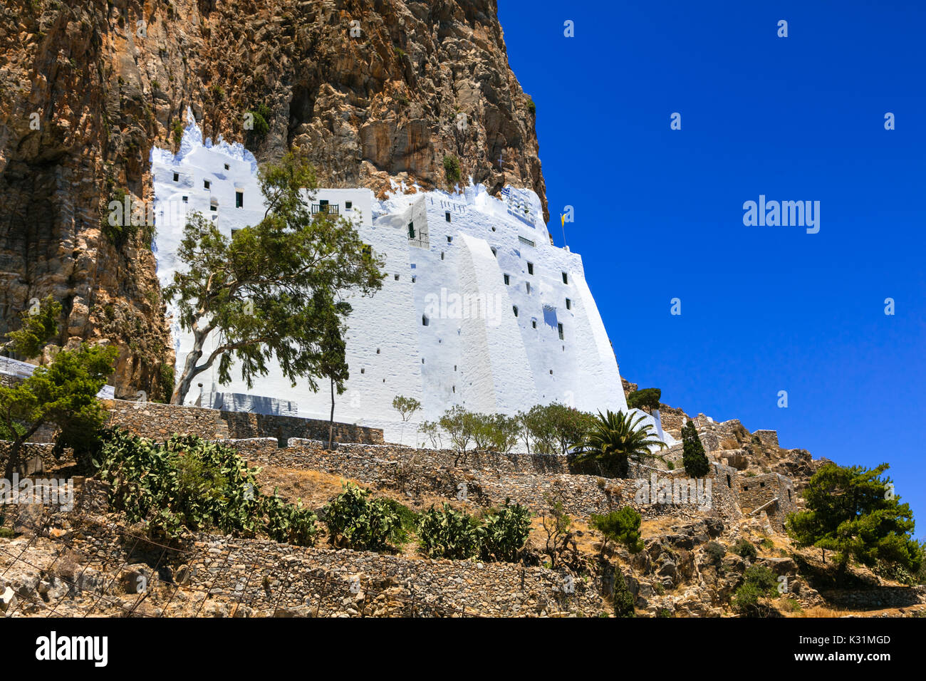 Unique spectacular monastery Hozoviotissa in rocky mountain in Amorgos island Stock Photo