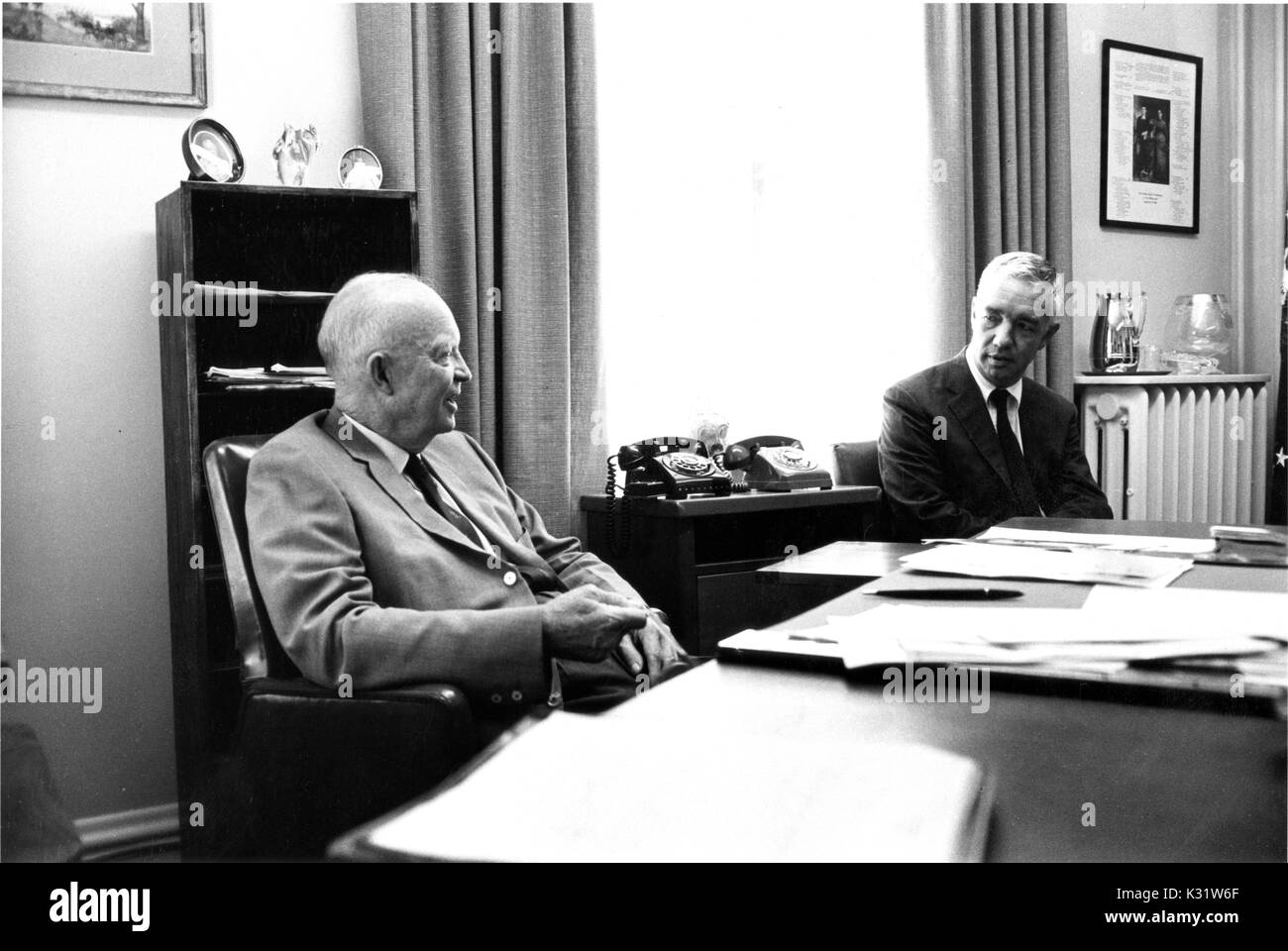 Former President of the United States Dwight David Eisenhower (left) speaking to professor of business history at Johns Hopkins University Alfred DuPont Chandler (right), United States, 1968. Stock Photo