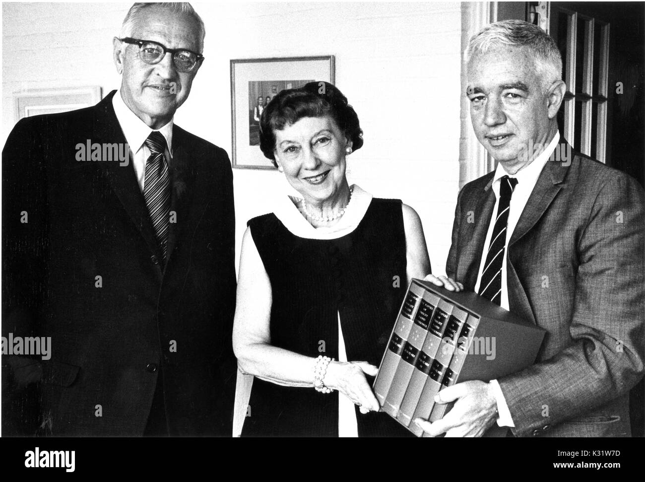 Former First Lady of the United States Mamie Doud Eisenhower (center) and director of the Johns Hopkins University Press Harold Ingle (left), standing next to Alfred DuPont Chandler, professor of business history at Hopkins, in Baltimore, Maryland, 1970. Stock Photo