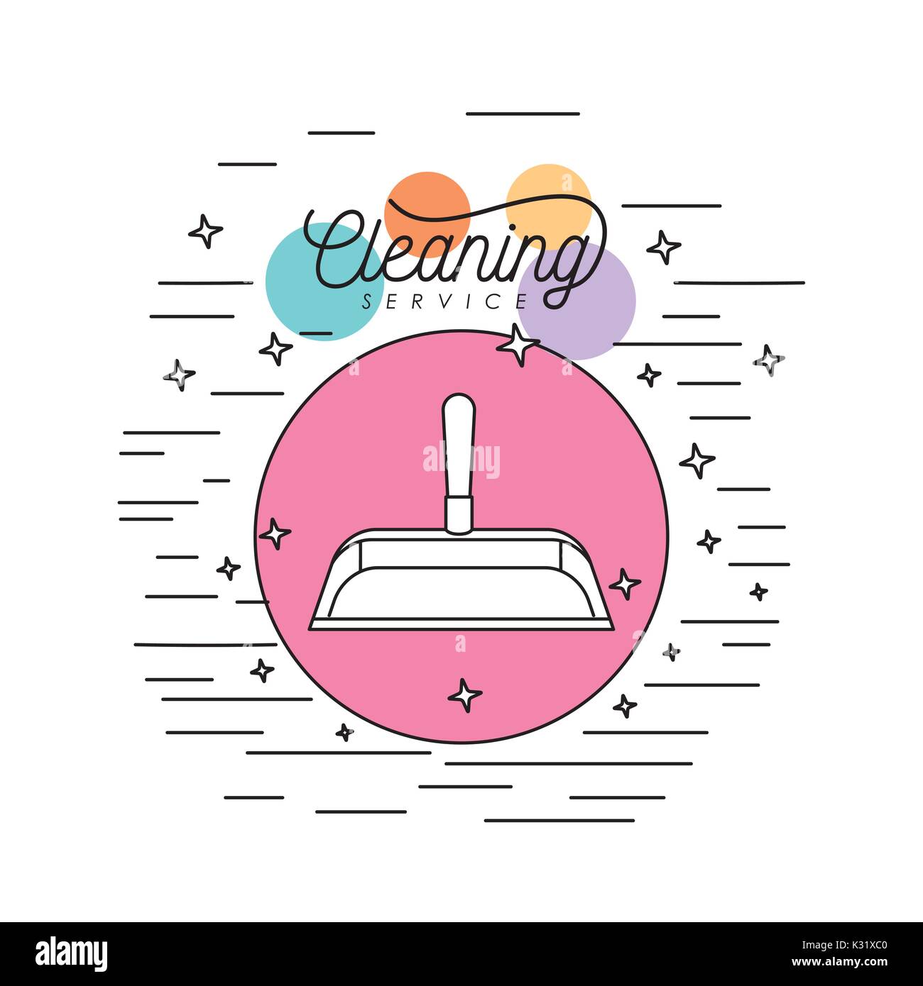dust pan plastic silhouette cleaning service in circular frame with color bubbles and decorative stars and lines on white background Stock Vector