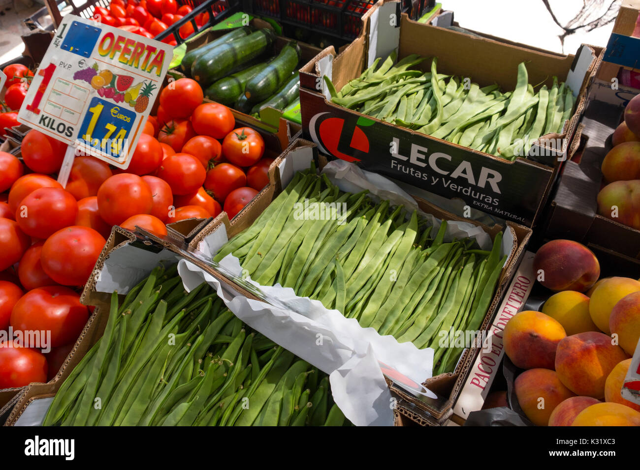 Farmers market with various domestic colorful fresh fruits and vegetable. Stock Photo