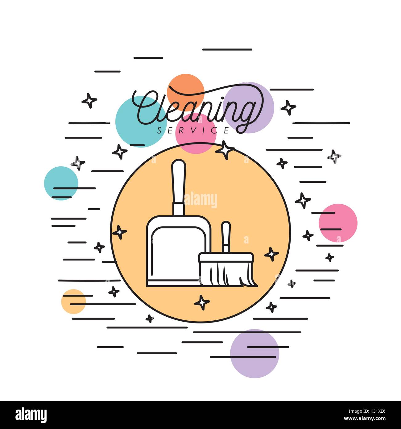 scrub brush and dust pan cleaning service silhouette in circular frame with color bubbles and decorative stars and lines on white background Stock Vector
