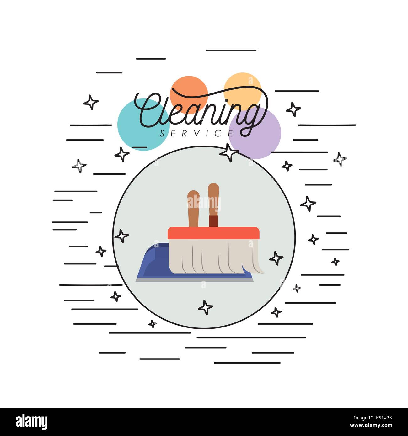 scrub brush and dust pan cleaning service colorful silhouette in circular frame with color bubbles and decorative stars and lines on white background Stock Vector