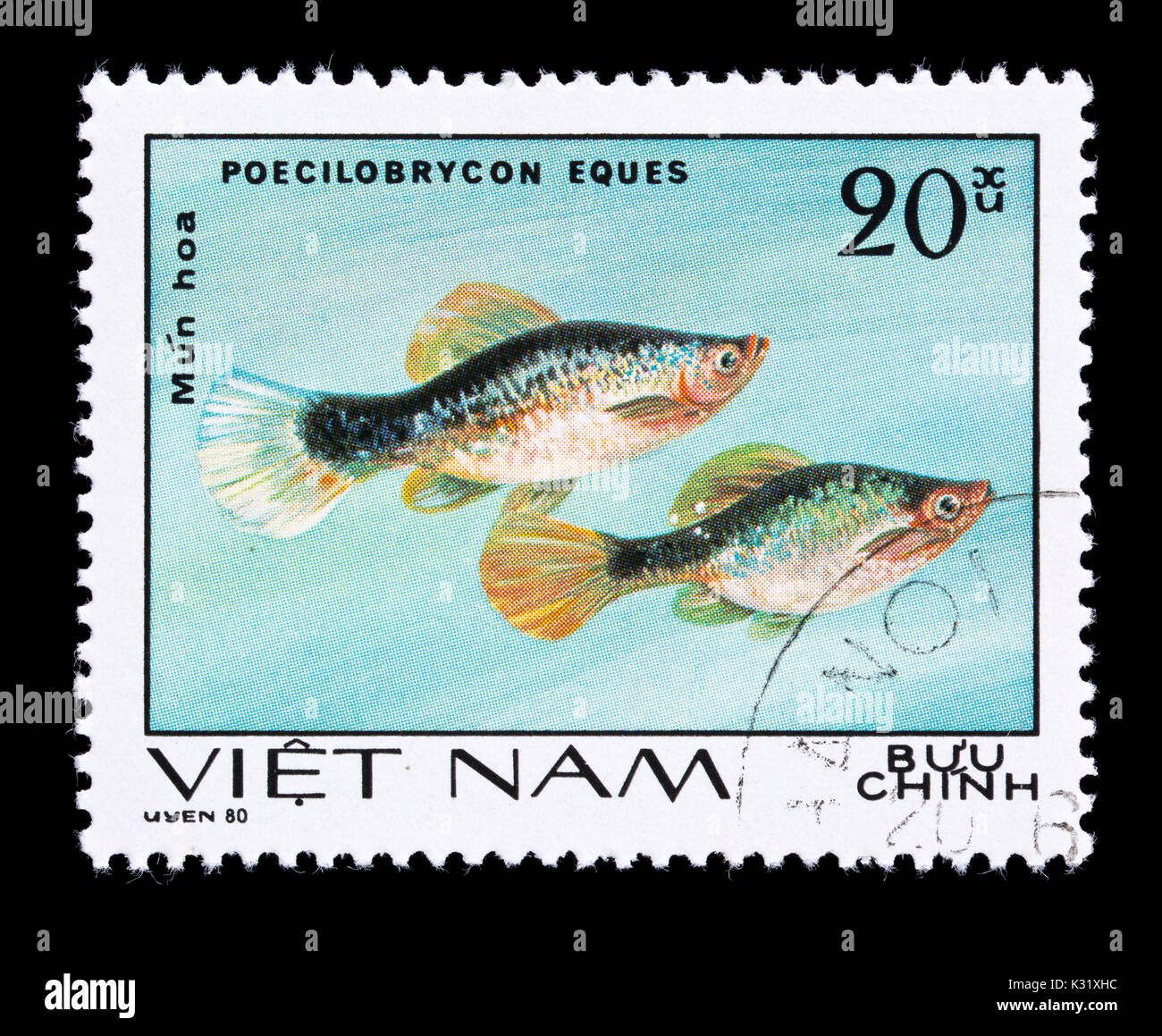 Postage stamp from Vietnam depicting a Diptail pencilfish Poecilobrycon eques Stock Photo