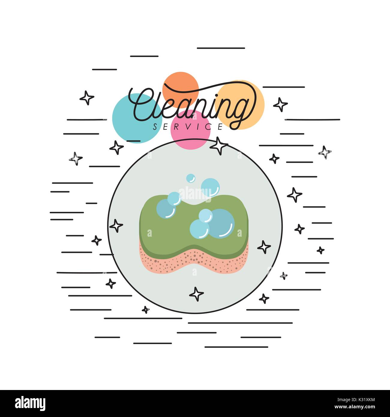 sponge with soap bubbles cleaning service colorful silhouette in
