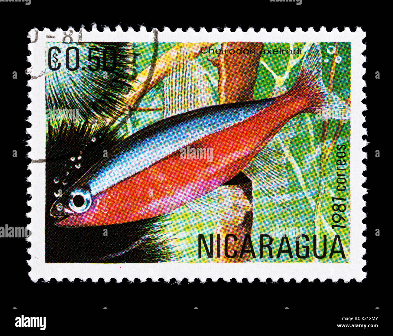Postage stamp fro Nicaragua depicting a cardinal tetra (Paracheirodon axelrodi) Stock Photo