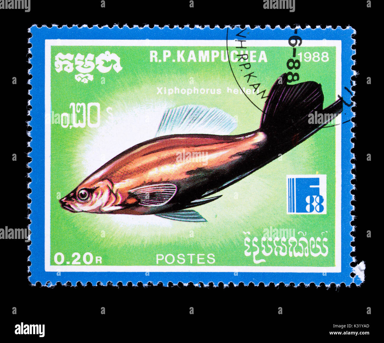 Postage stamp from Cambodia (Kampuchea) depicting a green swordtail  (Xiphophorus helleri) Stock Photo
