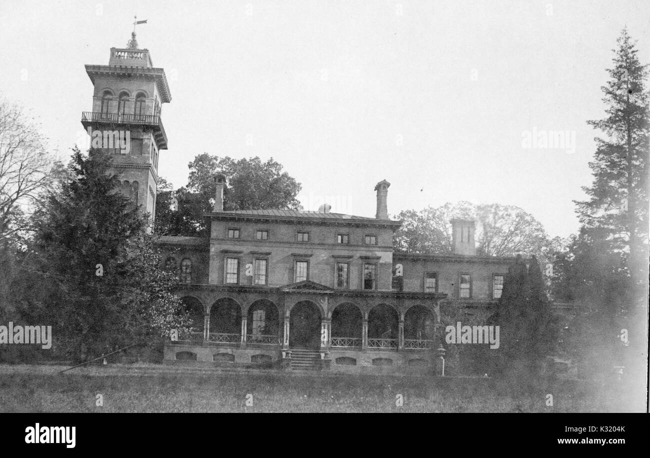 Sepia photograph of the exterior of Clifton Mansion, built at the turn of the 18th century as a two story Federal farmhouse but later expanded into a Victorian era Italian villa, owned by philanthropist Johns Hopkins and later purchased by the City of Baltimore, Baltimore, Maryland, 1895. Stock Photo