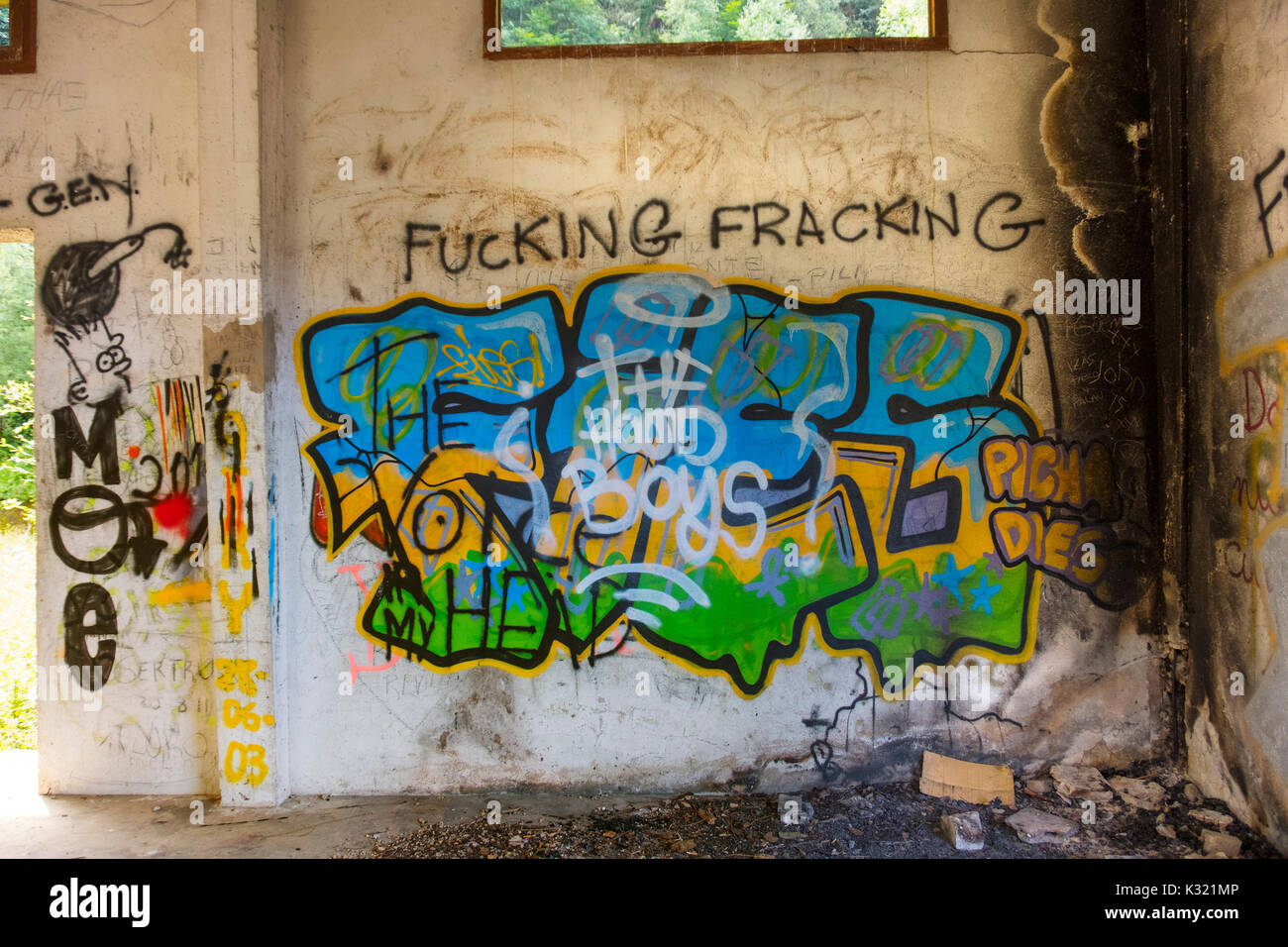 Graffiti at the old train station, Tuneles de la Engaña, Vega de Pas, Valles Pasiegos, Cantabria, Spain, Europe Stock Photo