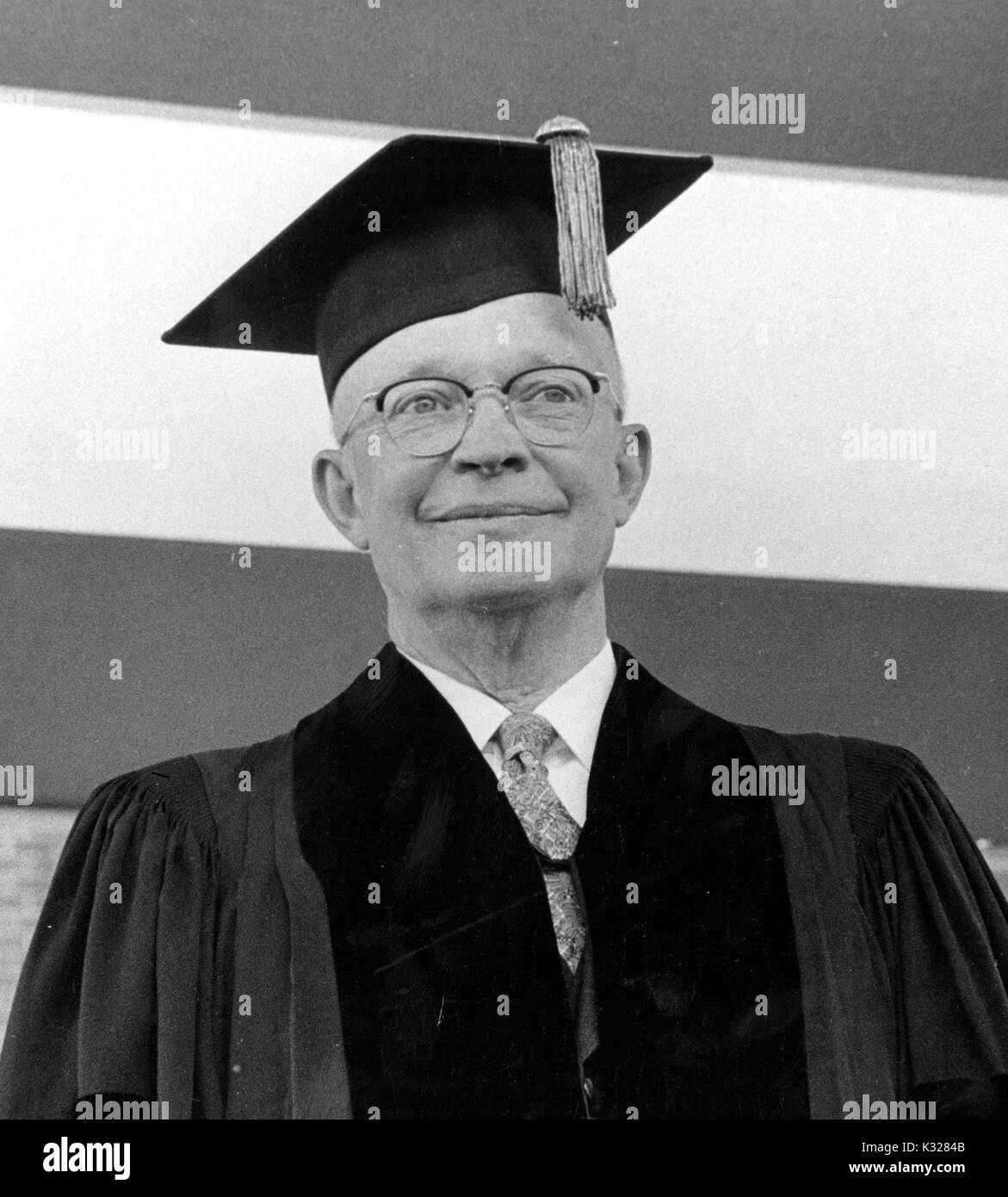 Former President of the United States Dwight D. Eisenhower in academic robes in Shriver Hall of the Johns Hopkins University in Baltimore, Maryland, 1967. Stock Photo