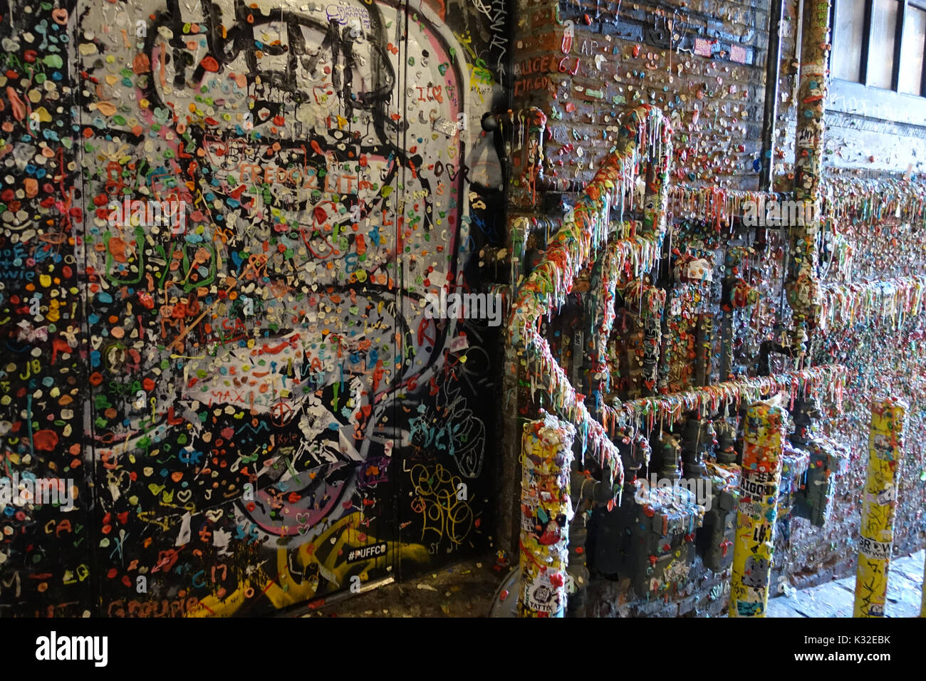 Seattle's Gum Wall - Pike Place Market has its share of odd wonders, and the nearby Gum Wall is no exception. Stock Photo