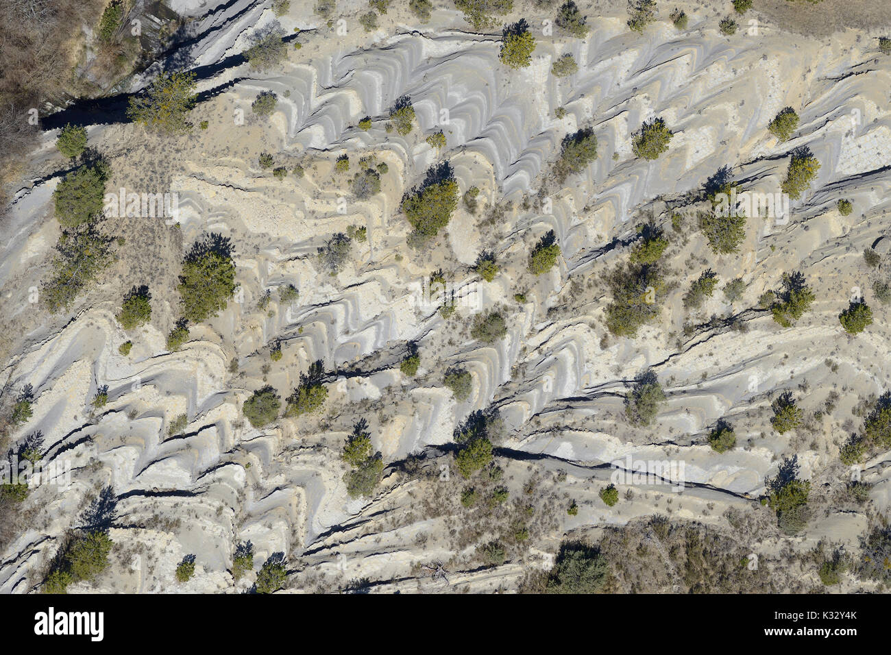 AERIAL VIEW. Chevron pattern in slanted rock strata with scattered trees. Lieuche, French Riviera's hinterland, Alpes-Maritimes, France. Stock Photo