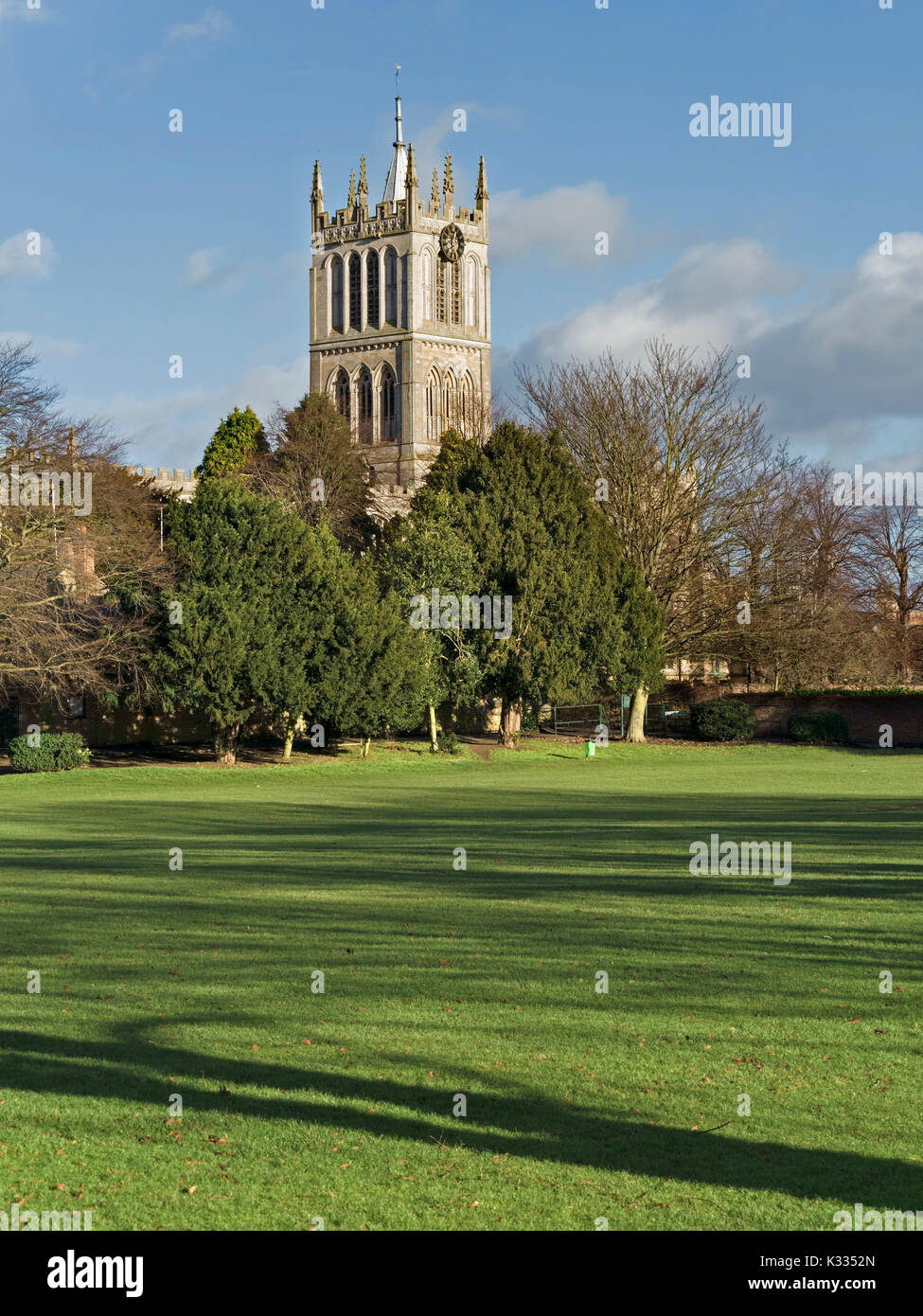 St Mary's Church tower and town park, Melton Mowbray, Leicestershire, England, UK Stock Photo