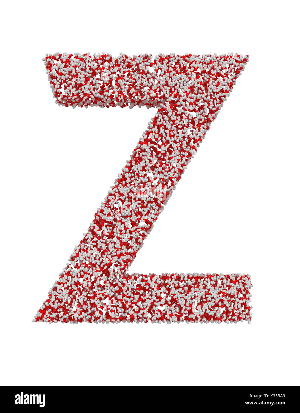 3D render of red and white alphabet make from pills. Big letter Z with clipping path. Isolated