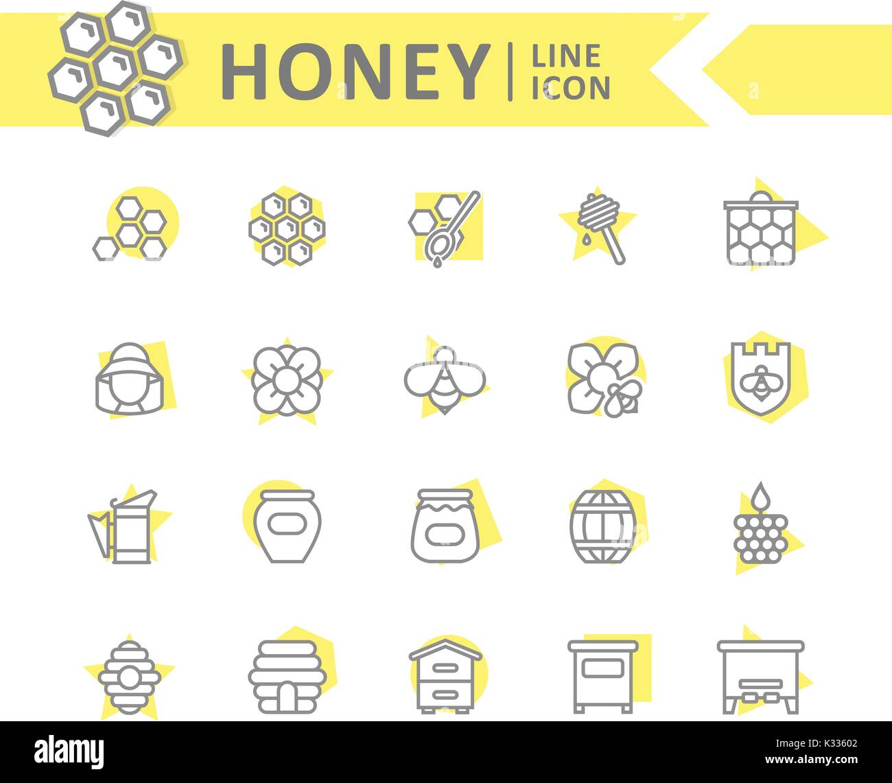 Set of vector honey line icons. Bee, honeycomb, barrel, beekeeper, dipper, jar, flower, beehive, pot, hexagon, beeswax, spoon and more. Editable Stroke. Stock Vector