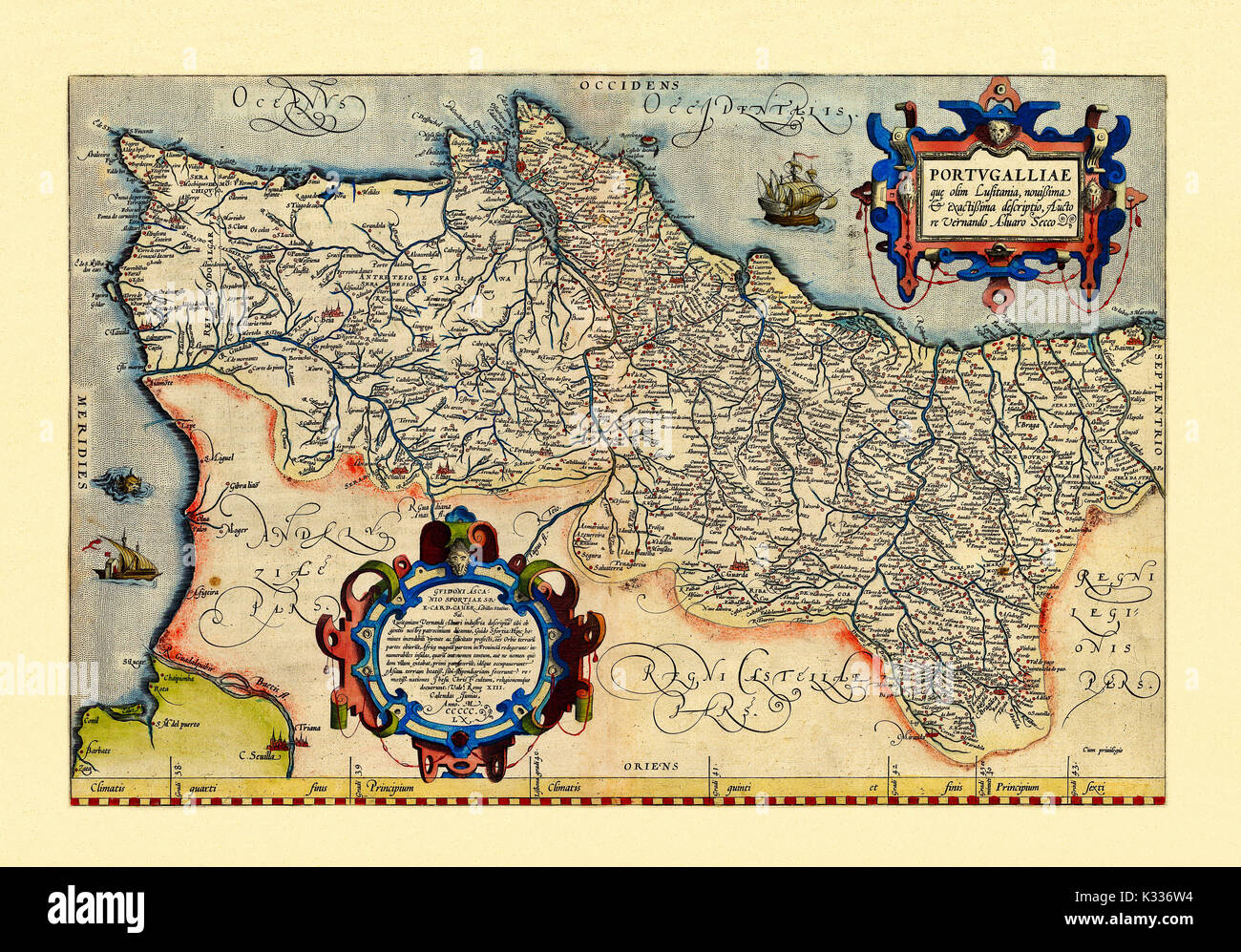 Old map of Portugal  in excellent state of preservation. By Ortelius, Theatrum Orbis Terrarum, Antwerp, 1570 Stock Photo