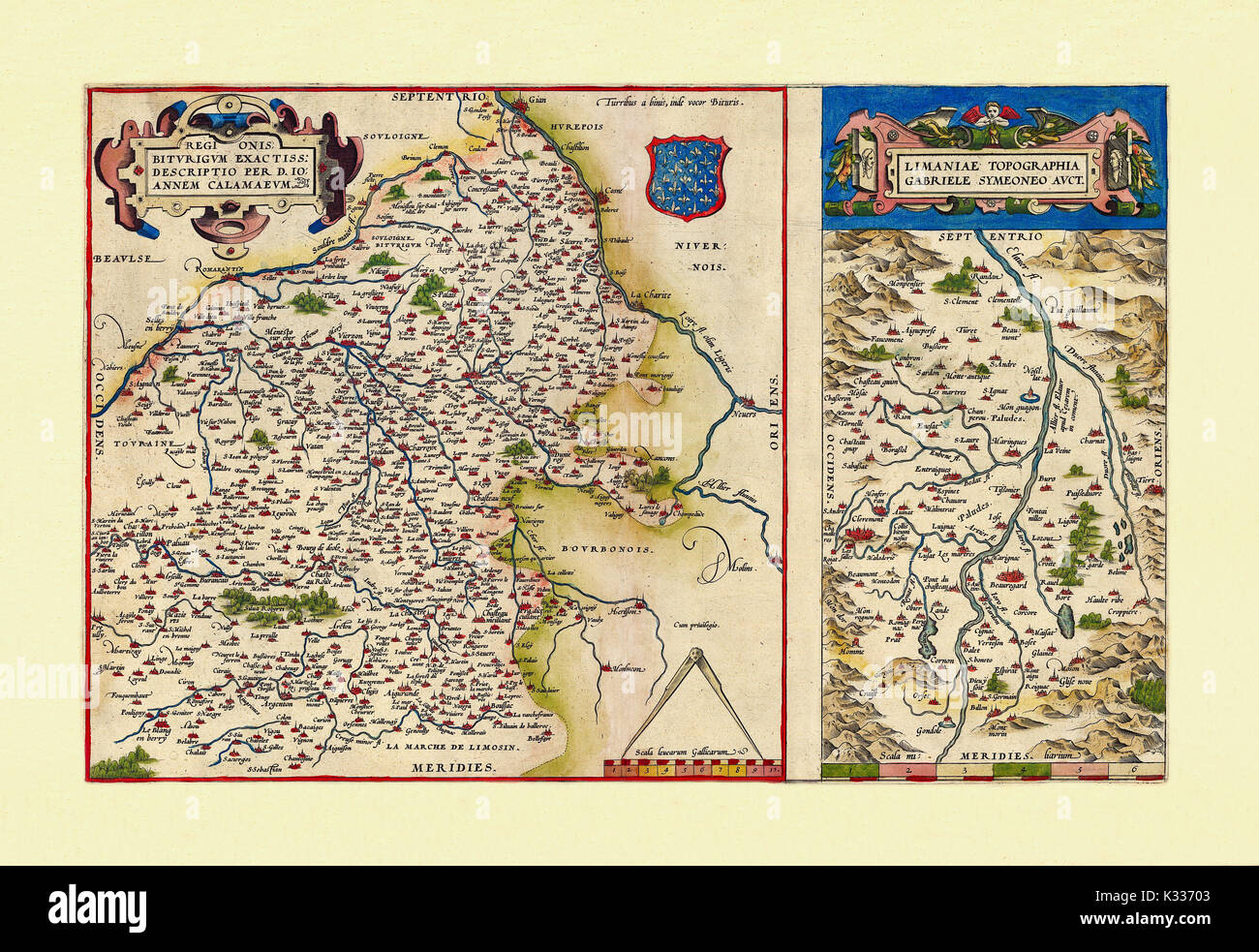Old maps of Auvergne and Cher, France,  in excellent state of preservation. By Ortelius, Theatrum Orbis Terrarum, Antwerp, 1570 Stock Photo