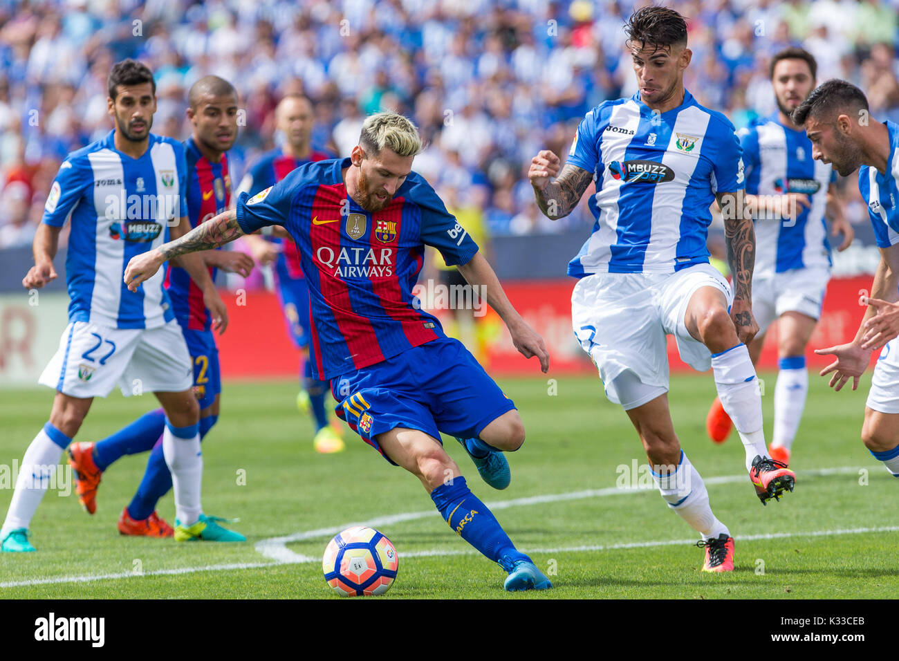 FC Barcelona Leo Messi. The Argentine player is a soccer star in Spain and the world. Considered the best of all time, along with Pele and Maradona Stock Photo