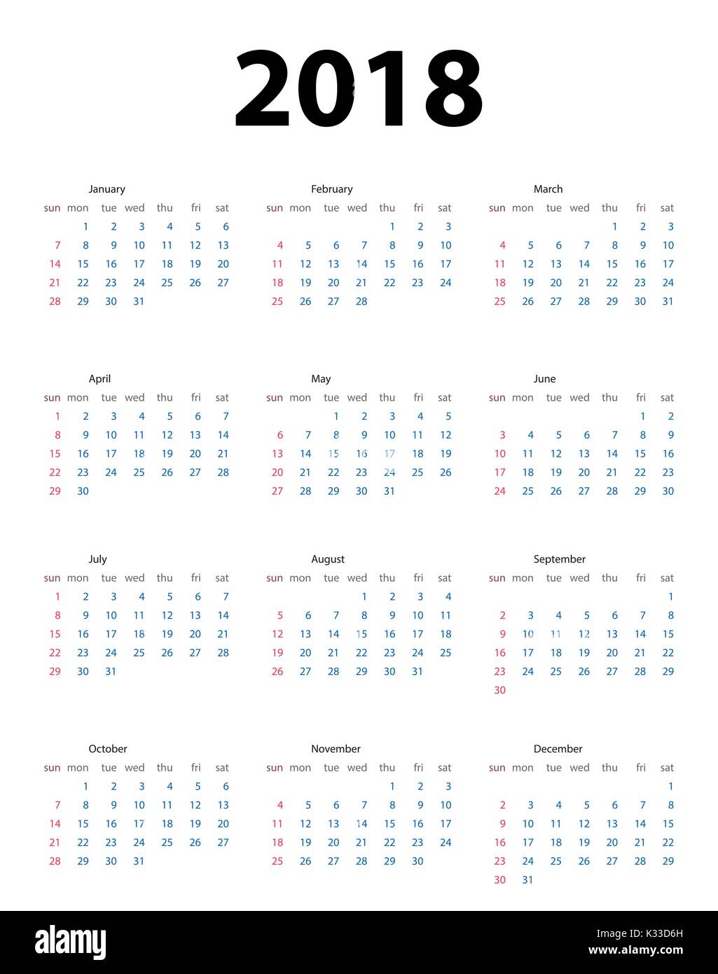 Calendar 2018. Week Starts From Sunday. Vector Illustration Stock 