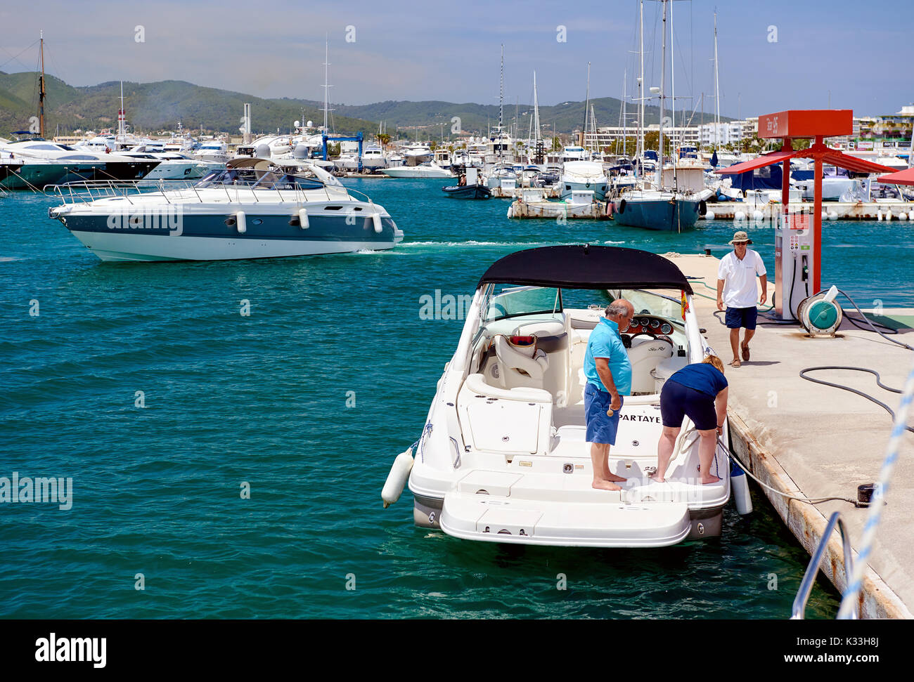 Ibiza, Spain - June 10, 2017: Cepsa Floating fuel station in Ibiza. Spanish multinational oil and gas company, Cepsa was founded in 1929. Balearic Isl Stock Photo