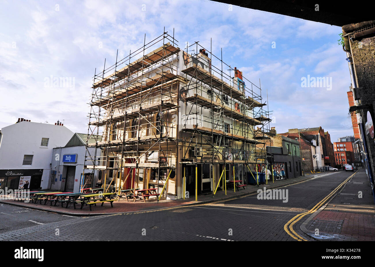 Brighton UK 31 August 2017 - The famous Prince Albert pub in Trafalgar Street Brighton near the station is being renovated which is well known for its Music Mural wall and the  Banksy canvas copy of the Kissing Coppers art on the exterior Stock Photo