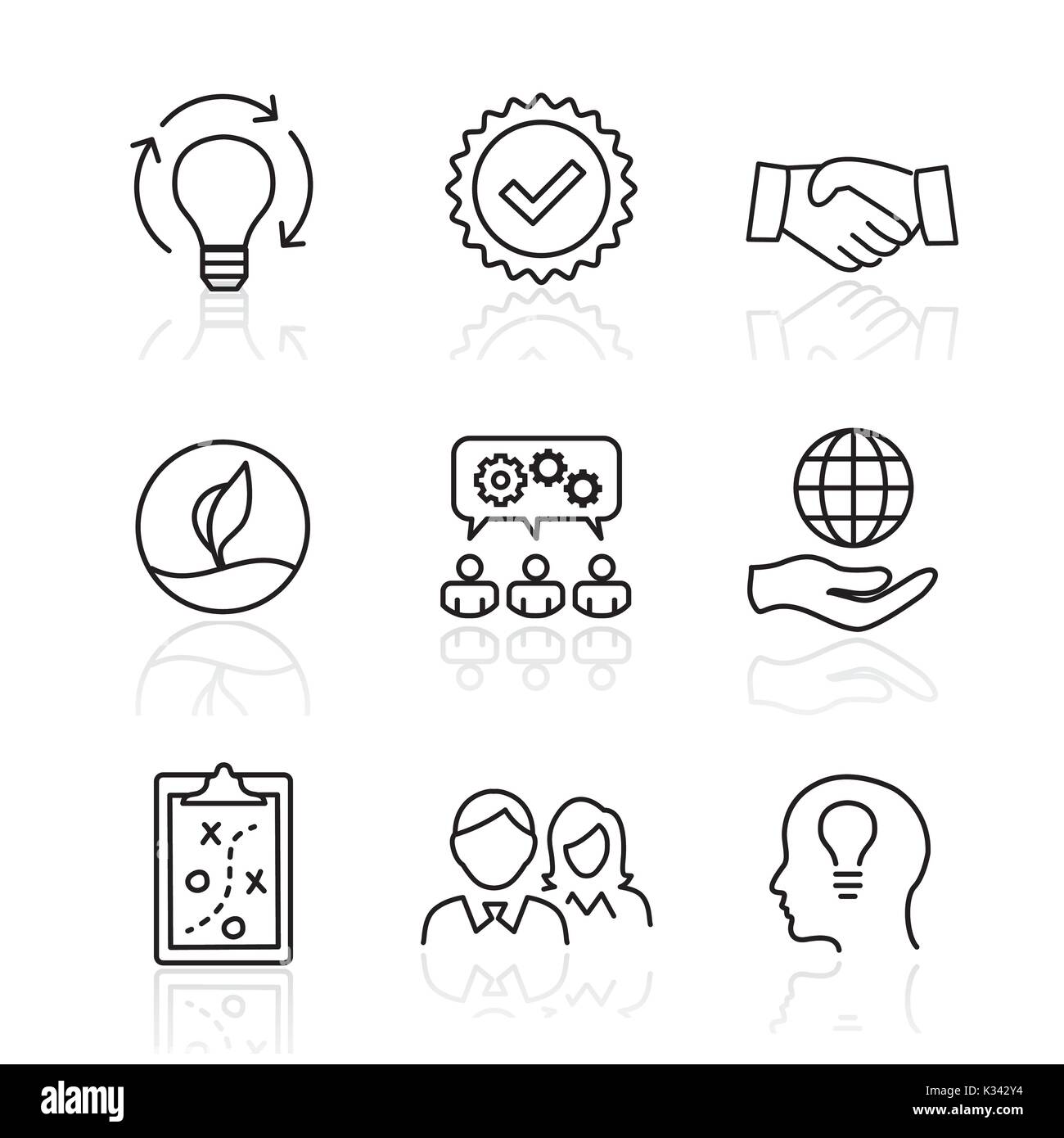 Core Values - Mission, integrity value icon set with vision, honesty, passion, and collaboration as the goal / focus Stock Vector