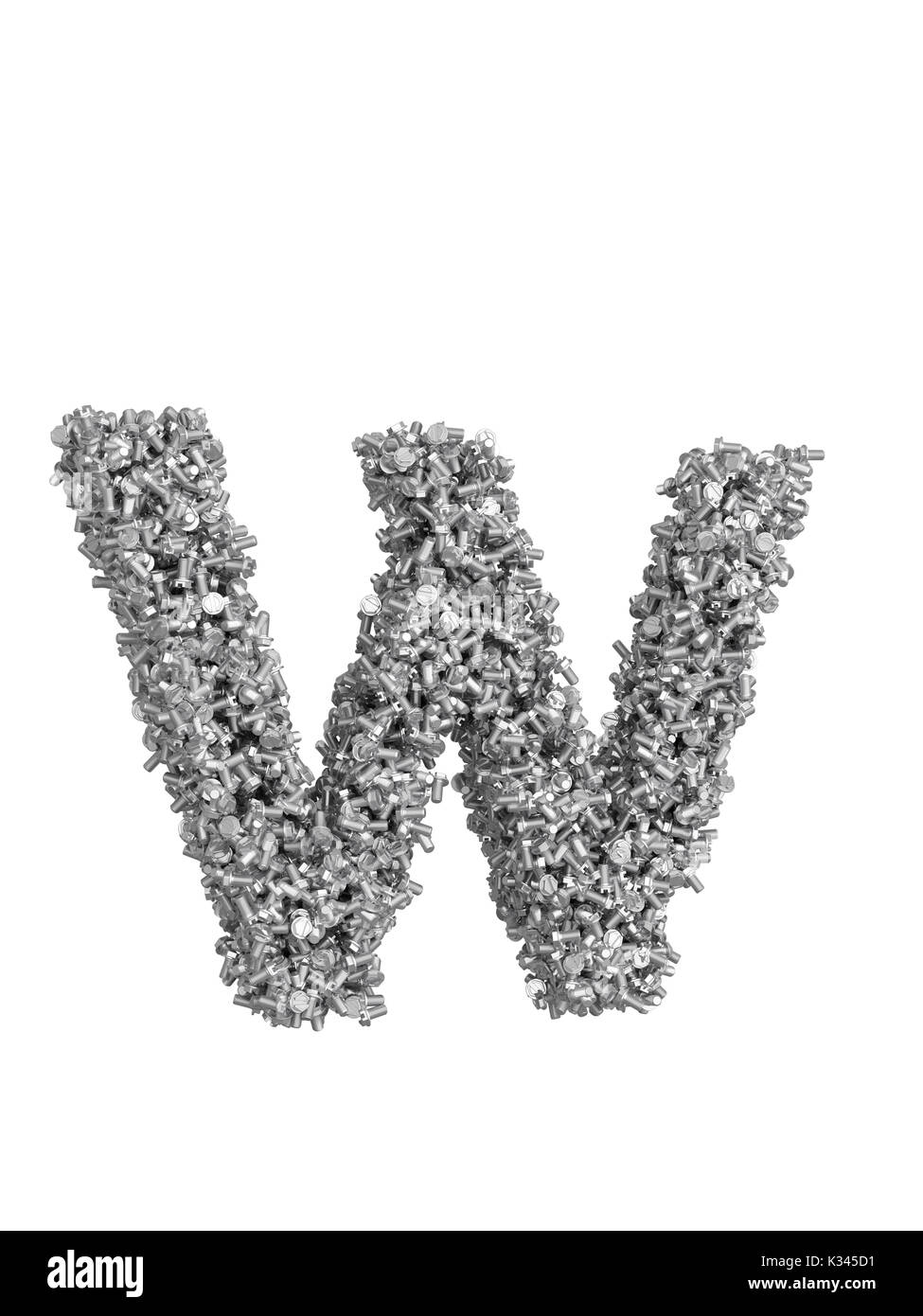 3D render of silver or grey alphabet make from bolts. Big letter W with ...