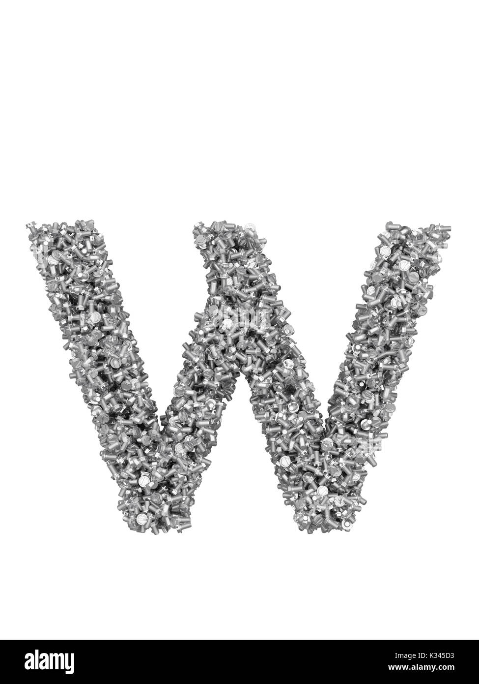3D render of silver or grey alphabet make from bolts. Big letter W with ...