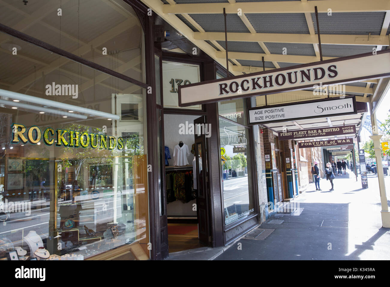 Shops in The Rocks Sydney including opal store Rockhounds and Fortune of War oldest pub,Sydney,Australia Stock Photo