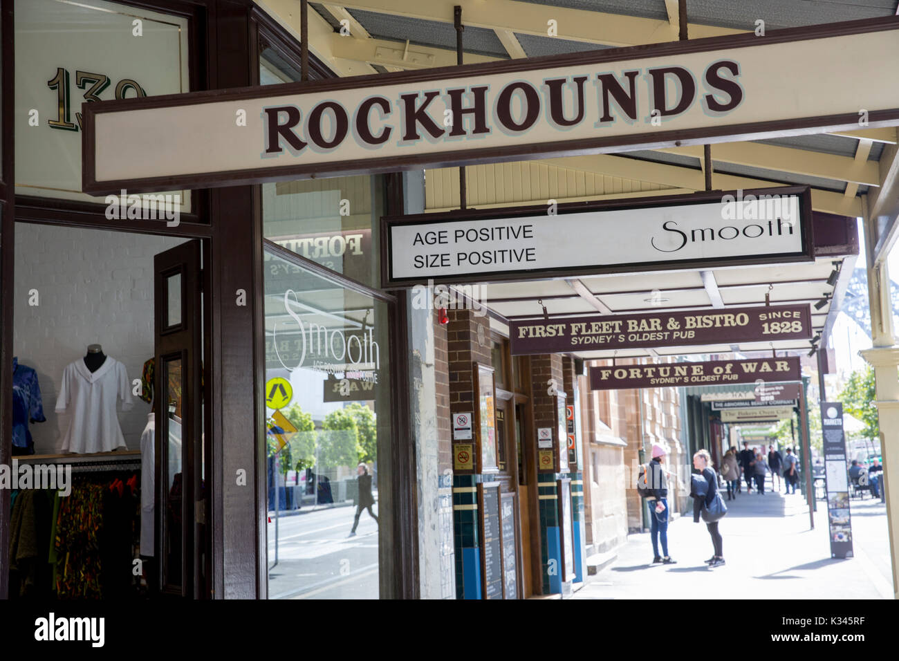 Shops in The Rocks Sydney including opal store Rockhounds and Fortune of War oldest pub,Sydney,Australia Stock Photo